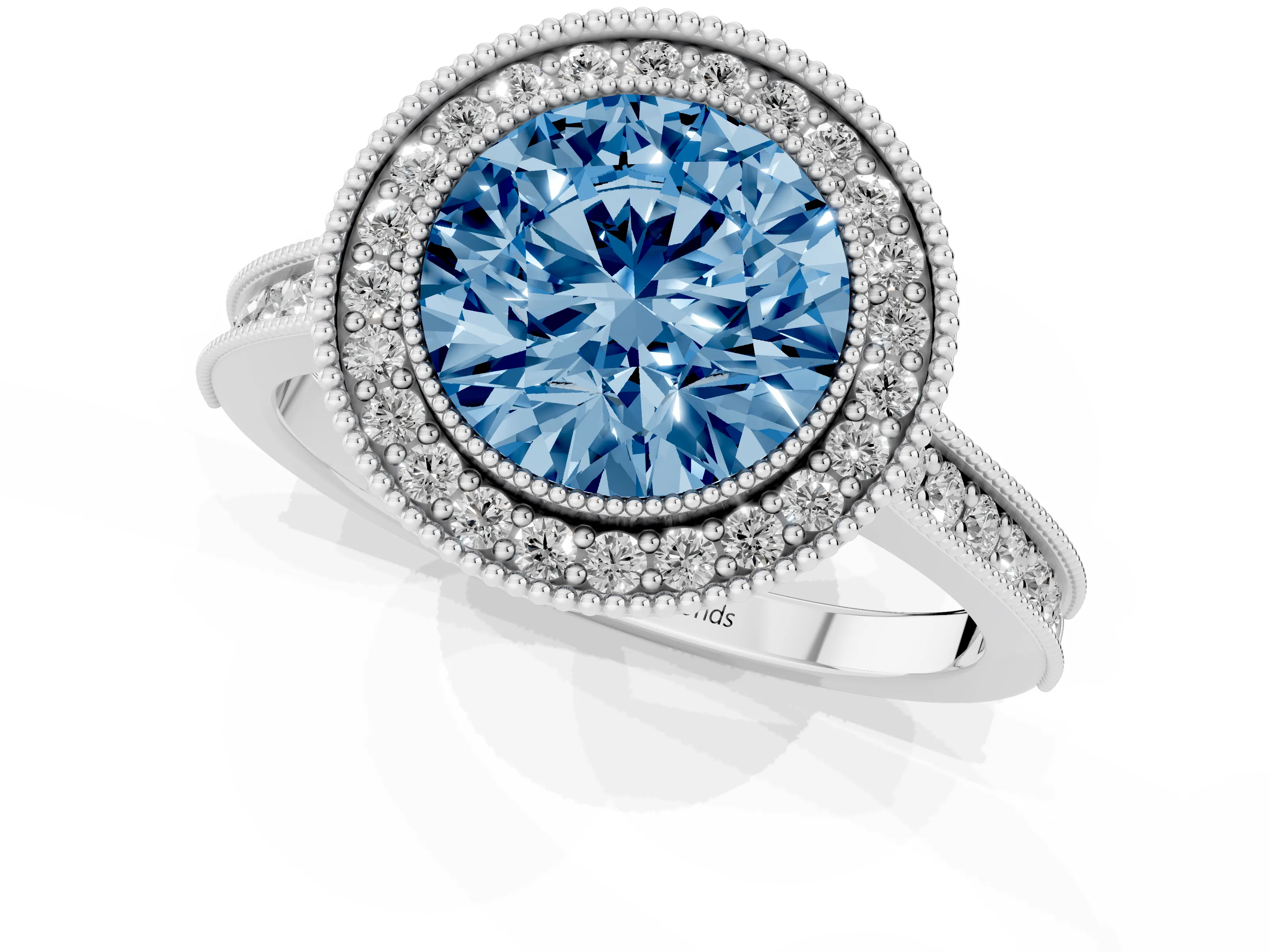 Fancy Blue Round Cut Diamond Halo Milgrain Pavé Band Ring Set in Platinum with Prong Setting