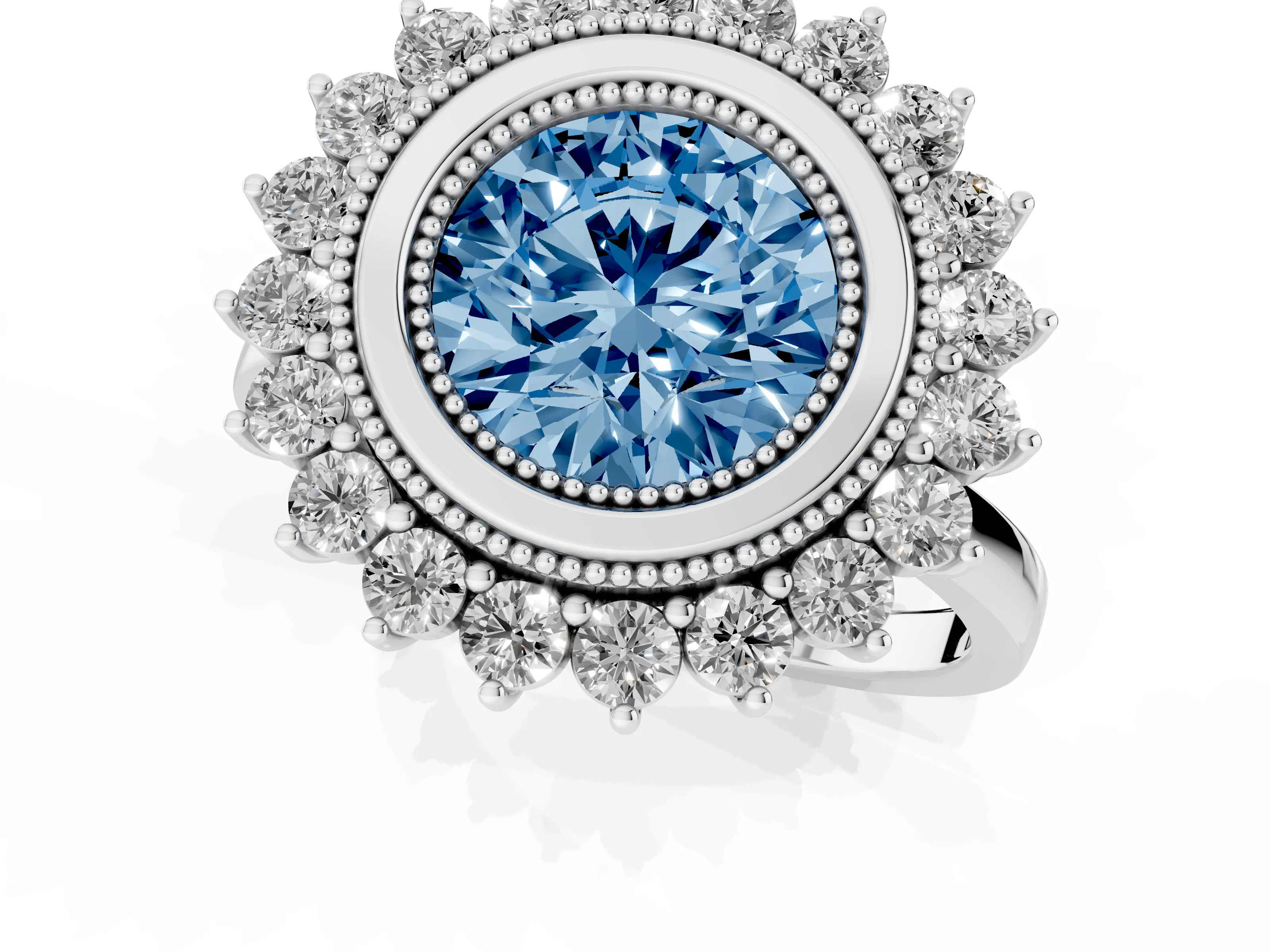 Fancy Blue Round Cut Diamond Halo Ring Set in Silver with Milgrain Edge and Round Prong Setting