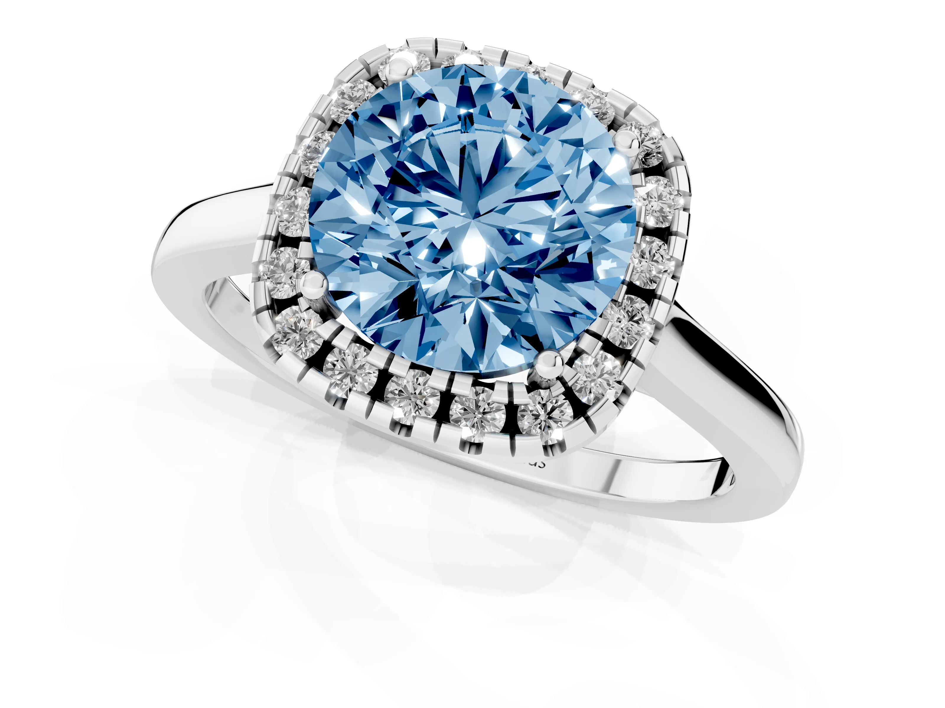 Fancy Blue Round Cut Halo Round Diamond Solitaire Ring Set in White gold with Pavé Band and Prong Setting