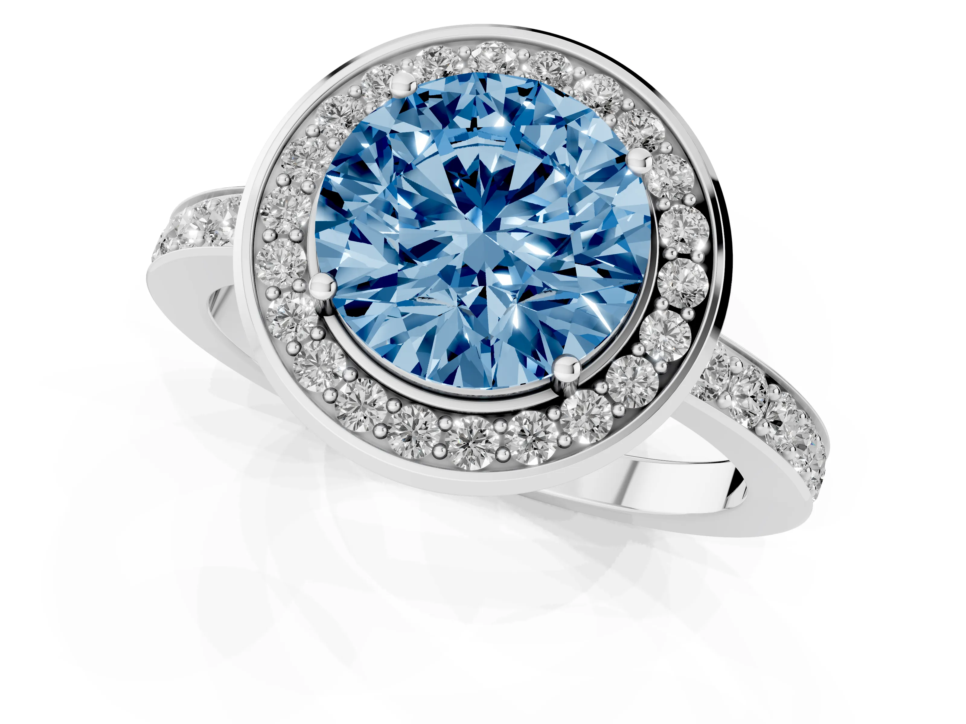 Fancy Blue Round Cut Diamond Halo Ring Set in White gold with Bezel Frame and Pavé Band