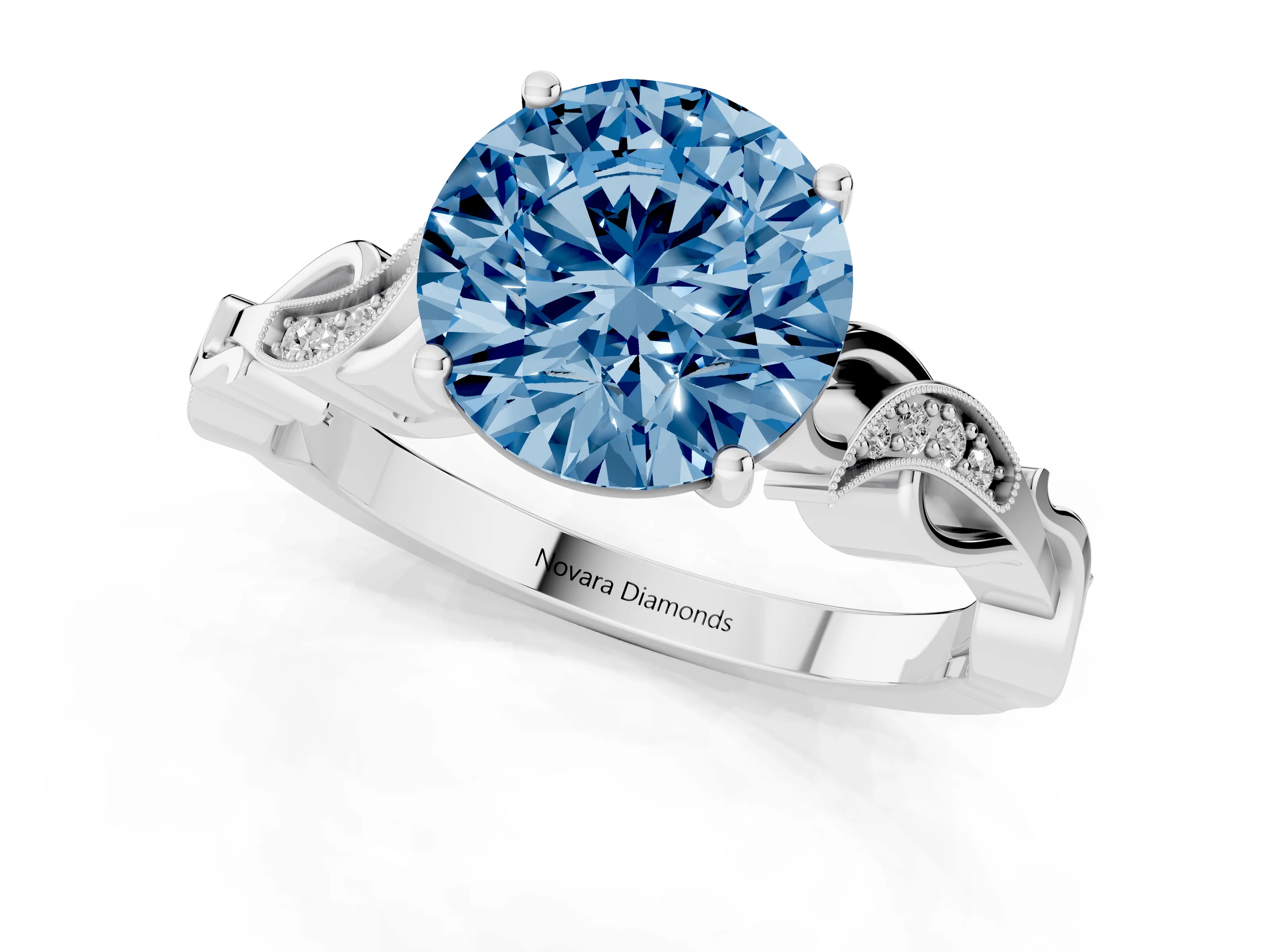 Fancy Blue Round Cut Diamond Vine Band Solitaire Ring Set in Platinum with Milgrain Prong Setting