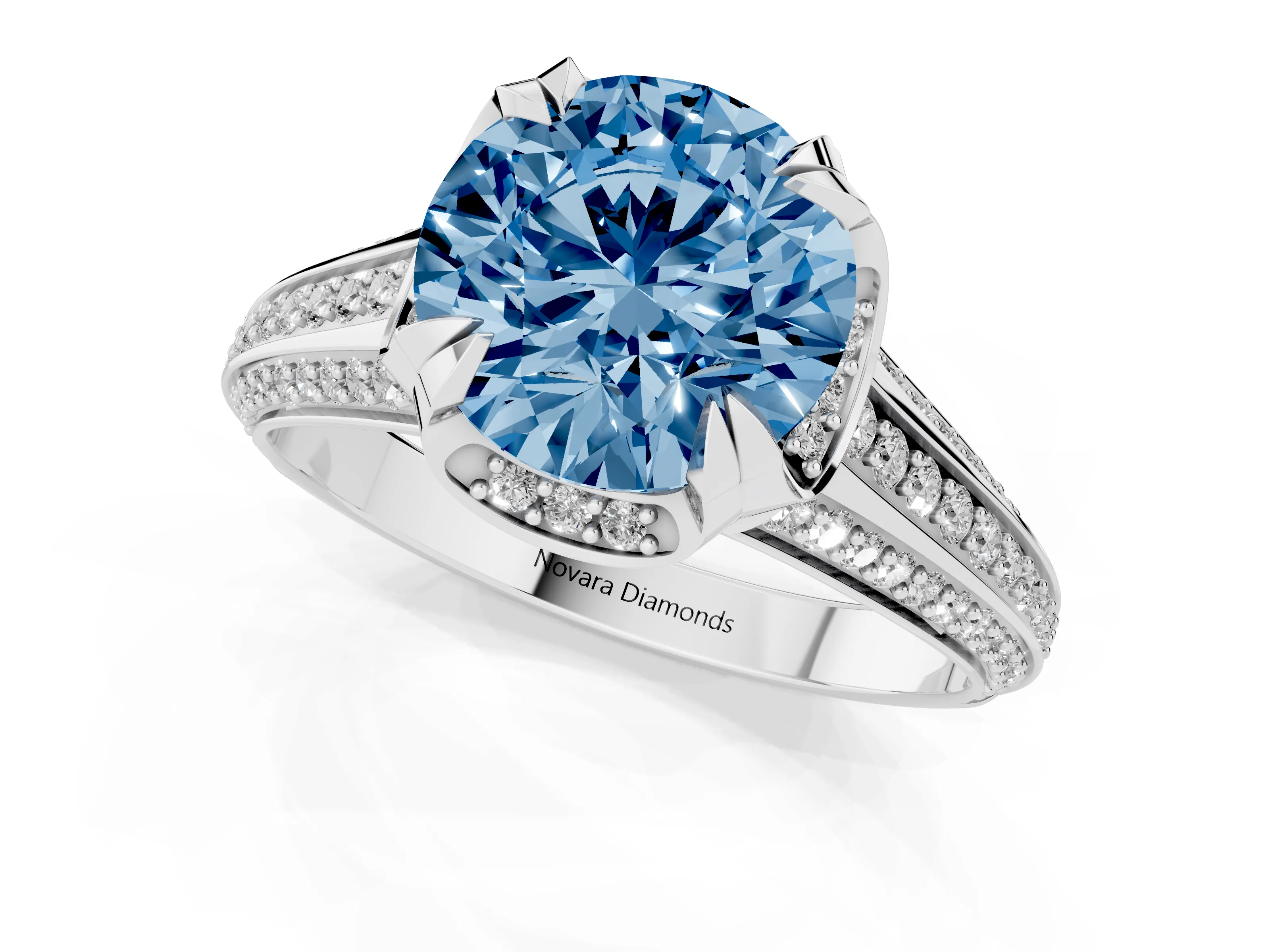 Fancy Blue Round Cut Diamond Pavé Split Shank Solitaire Ring Set in White gold with Prong Setting
