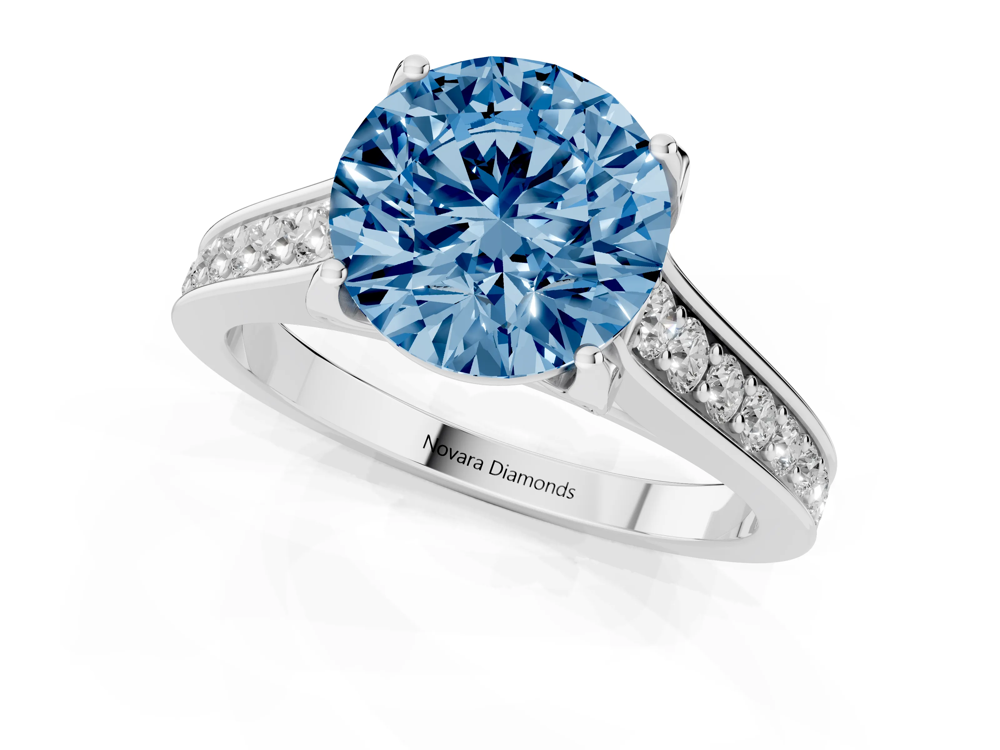 Fancy Blue Round Cut Diamond Solitaire Pavé Engagement Ring Set in Silver with Prong Setting