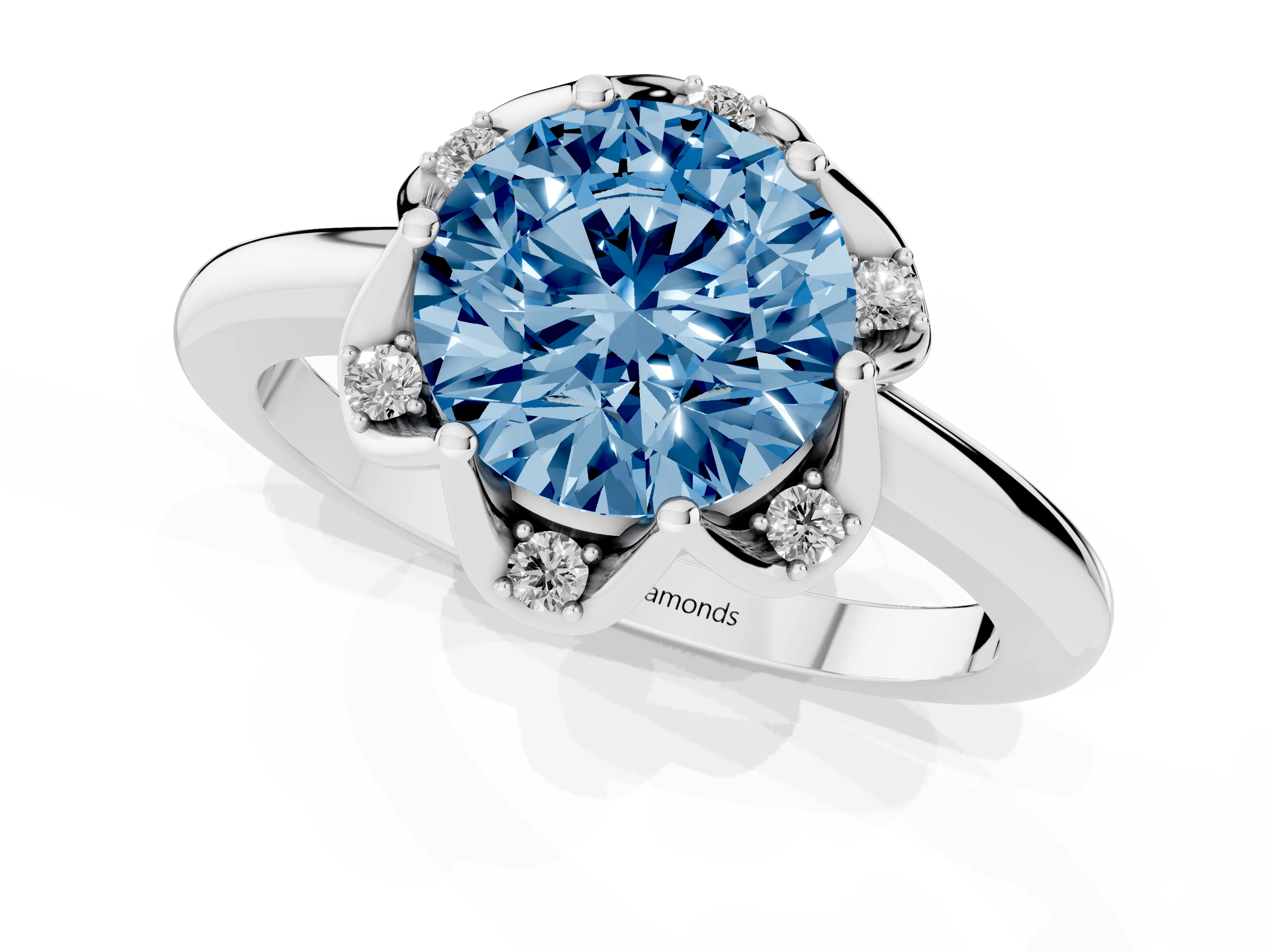 Fancy Blue Round Cut Diamond Round Cluster Halo Ring Set in Platinum with Solitaire Band and Prong Setting