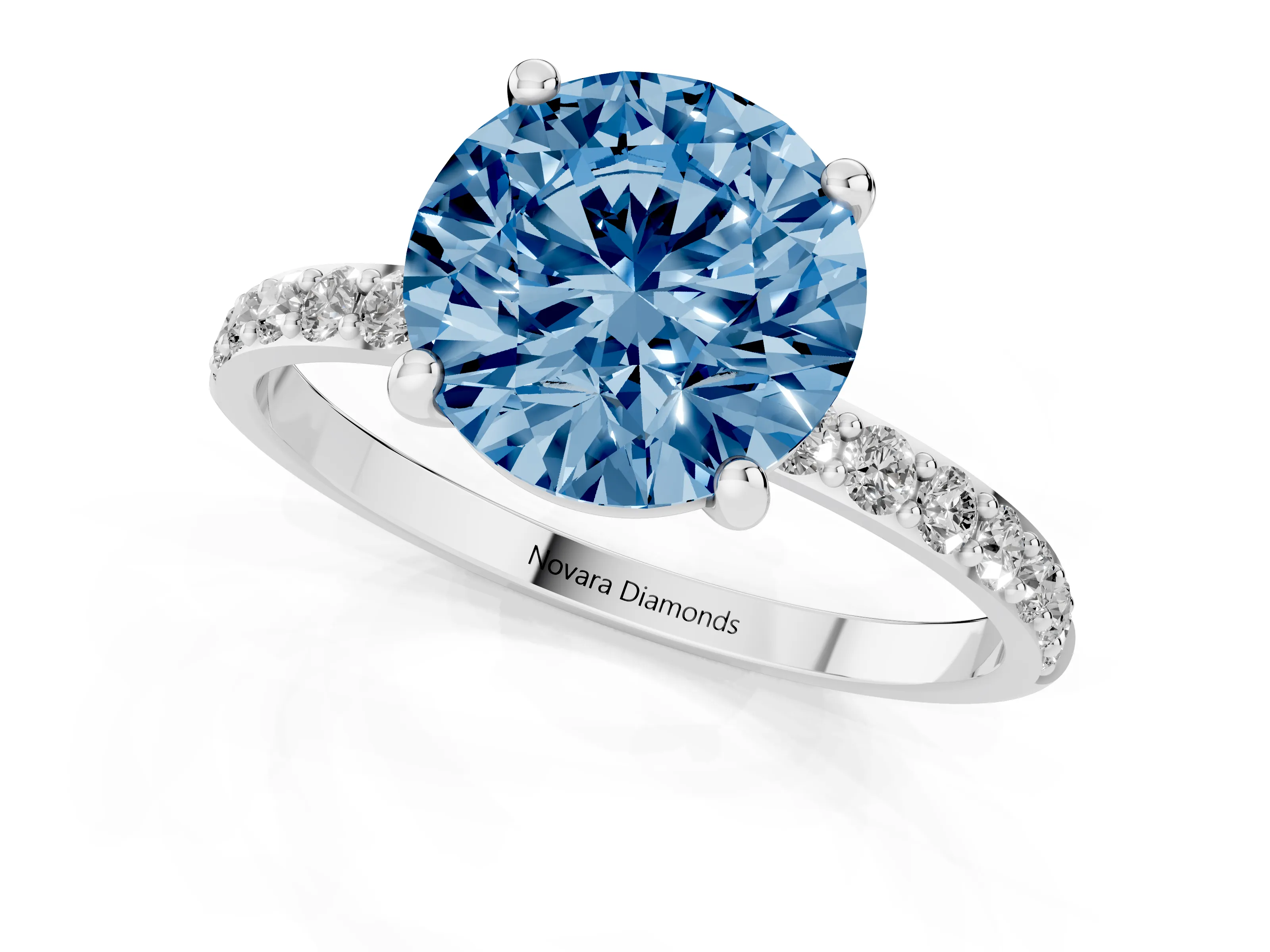 Fancy Blue Round Cut Diamond Solitaire Ring Set in Platinum with Round Pavé Band and Prong Setting