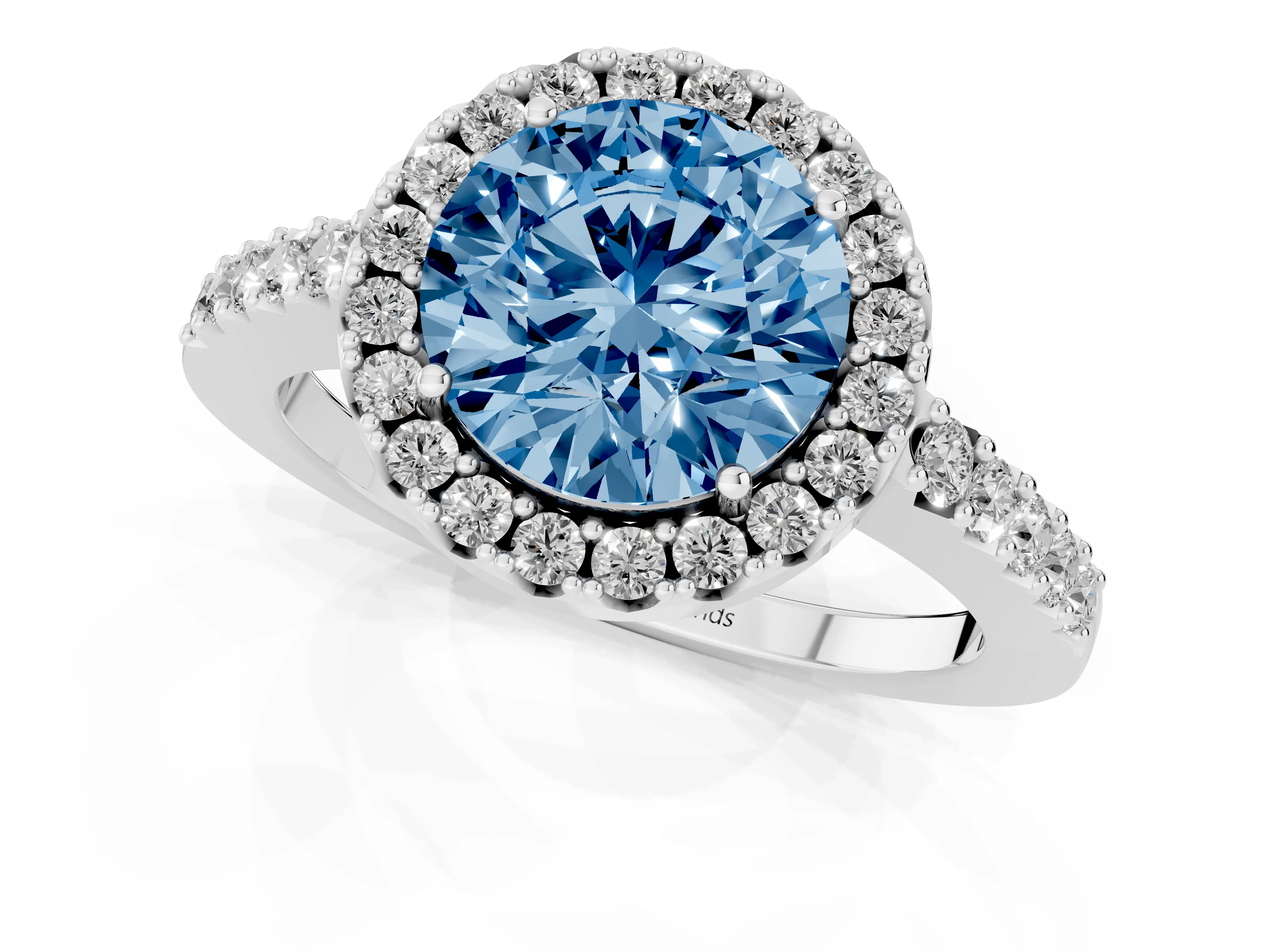 Fancy Blue Round Cut Diamond Halo Pavé Solitaire Ring Set in White gold with Prong-Set Center Stone