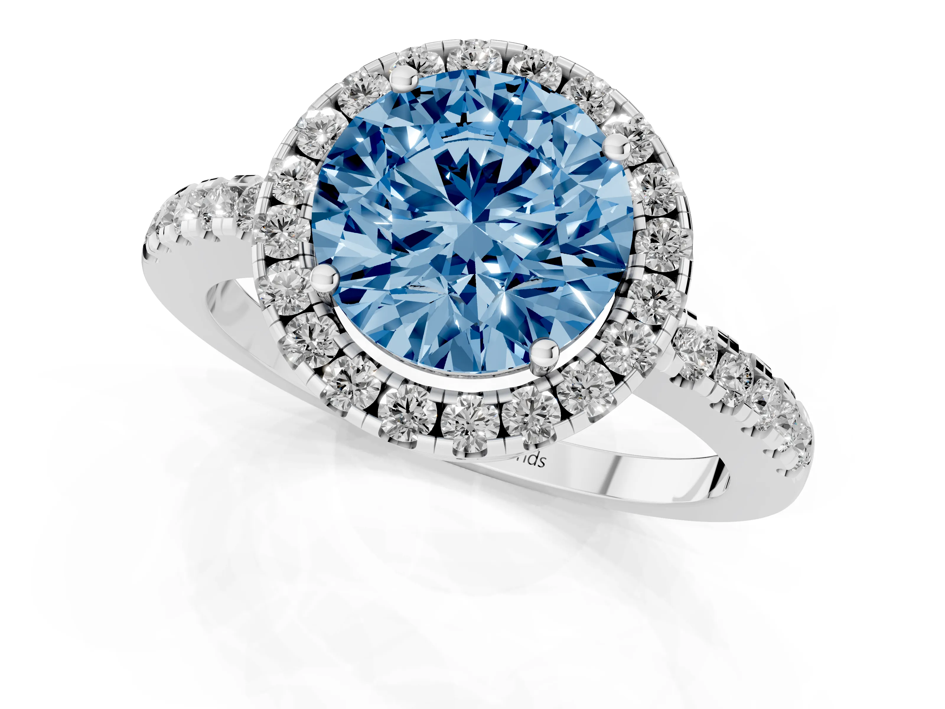 Fancy Blue Round Cut Diamond Pavé Band Halo Engagement Ring Set in White gold with Prong Setting