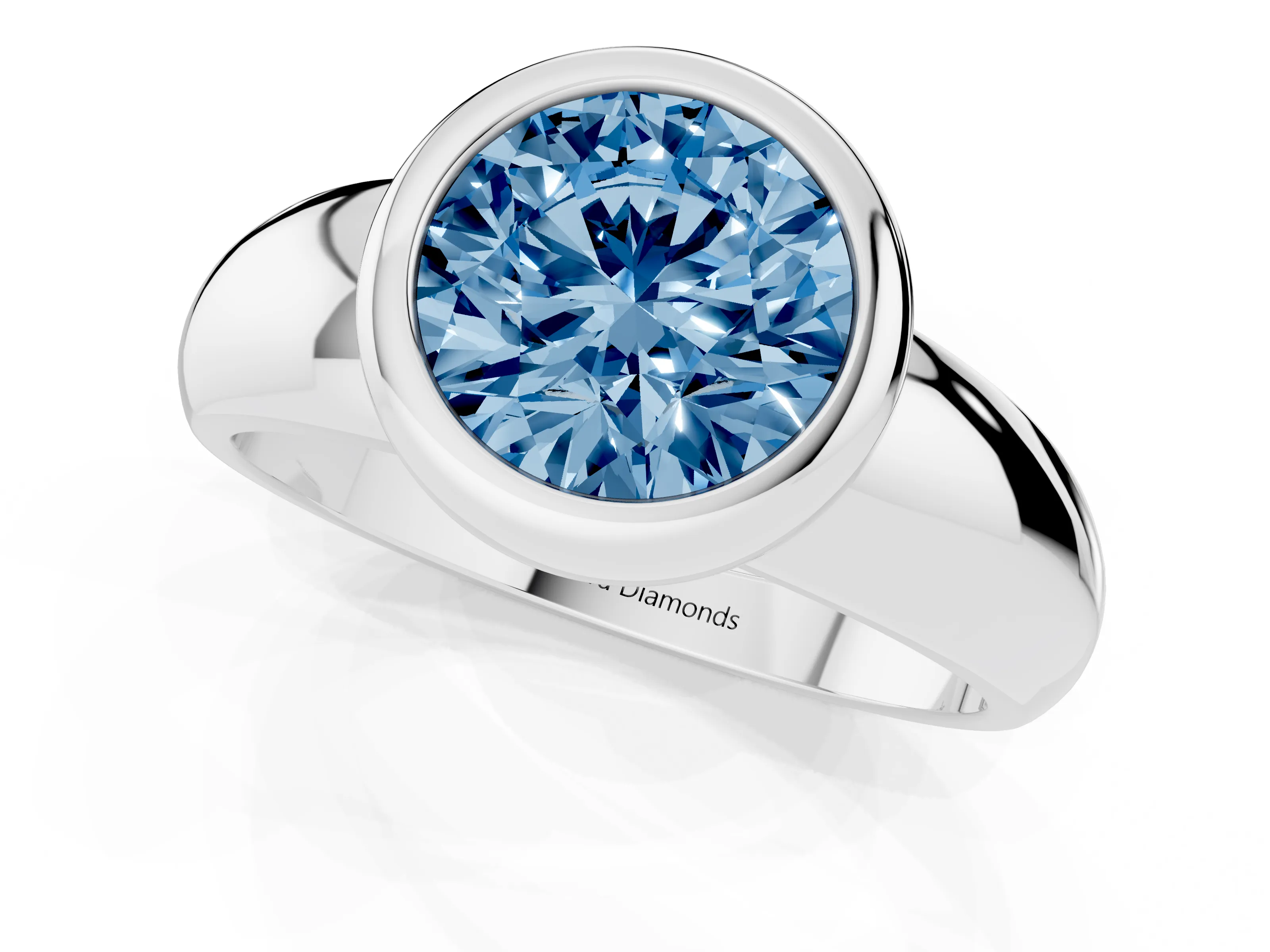 Fancy Blue Bezel Set Round Cut Diamond Solitaire Ring Set in Platinum with Wide Band