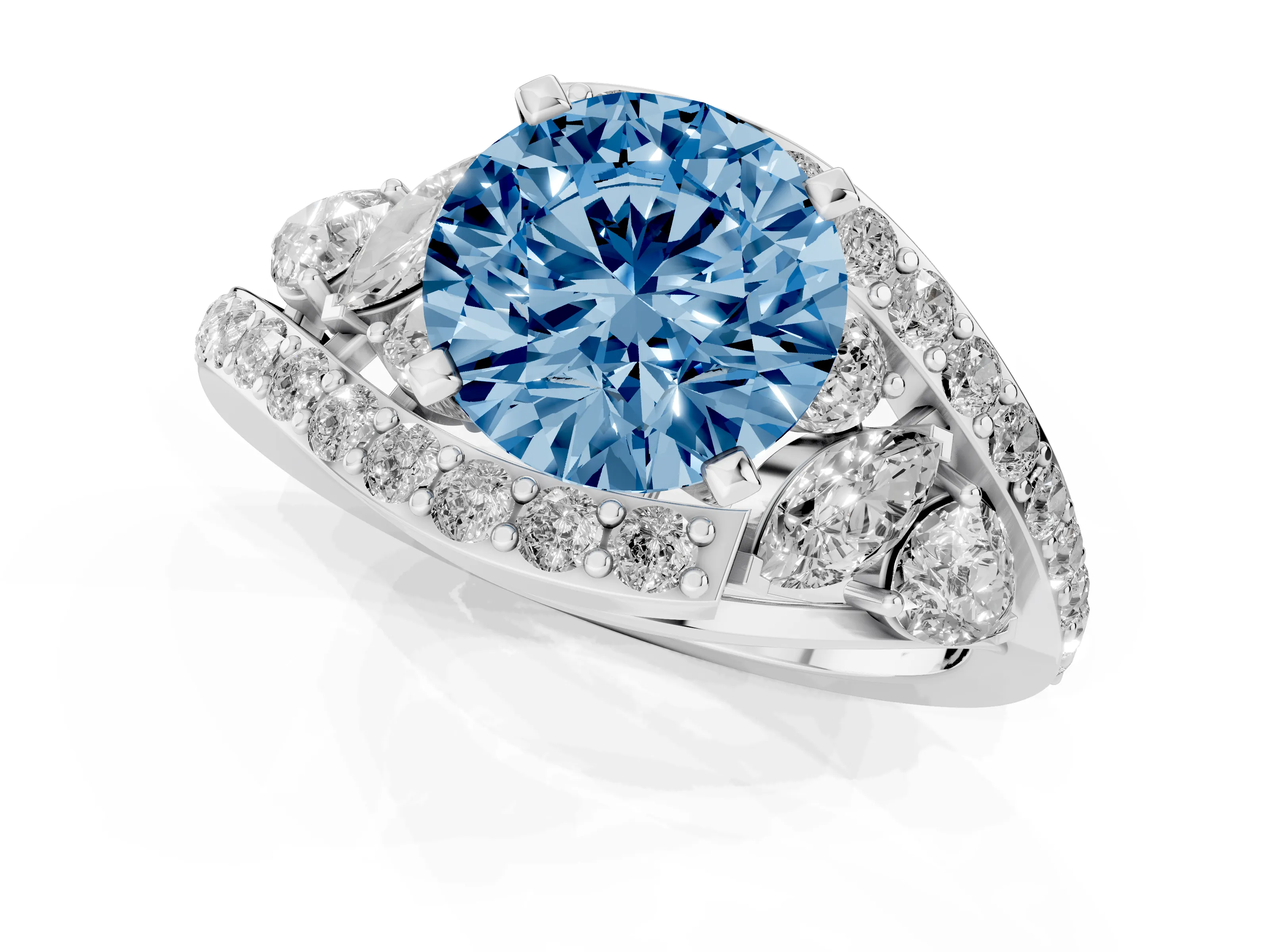 Fancy Blue Round Cut Diamond Halo Ring Set in Platinum with Marquise and Pavé Band in Prong Setting
