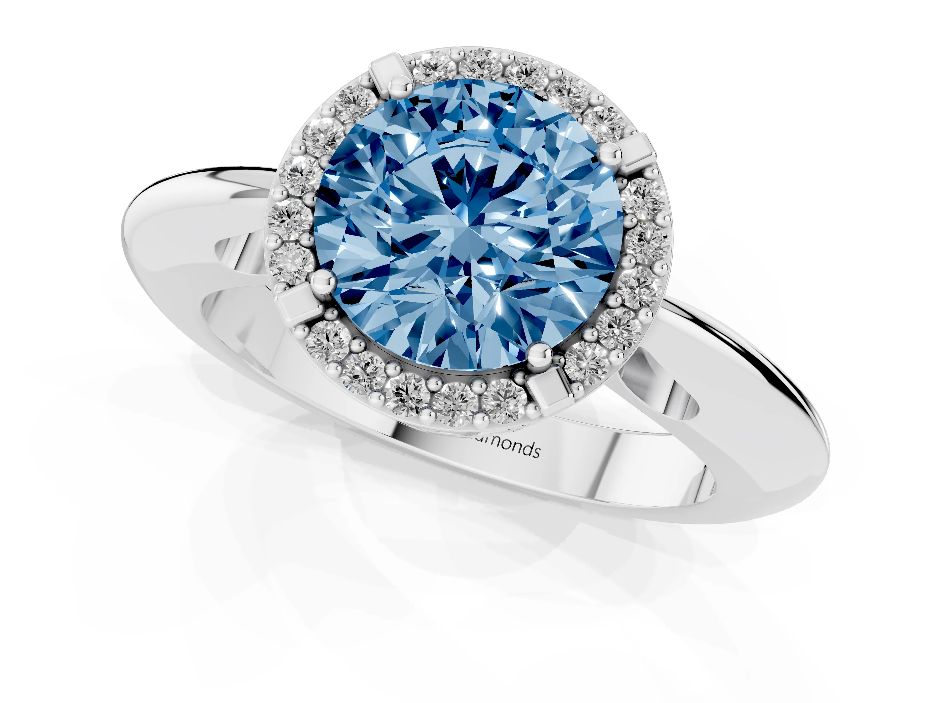 Fancy Blue Round Cut Diamond Halo Engagement Ring Set in Silver with Plain Split Shank and Prong Setting