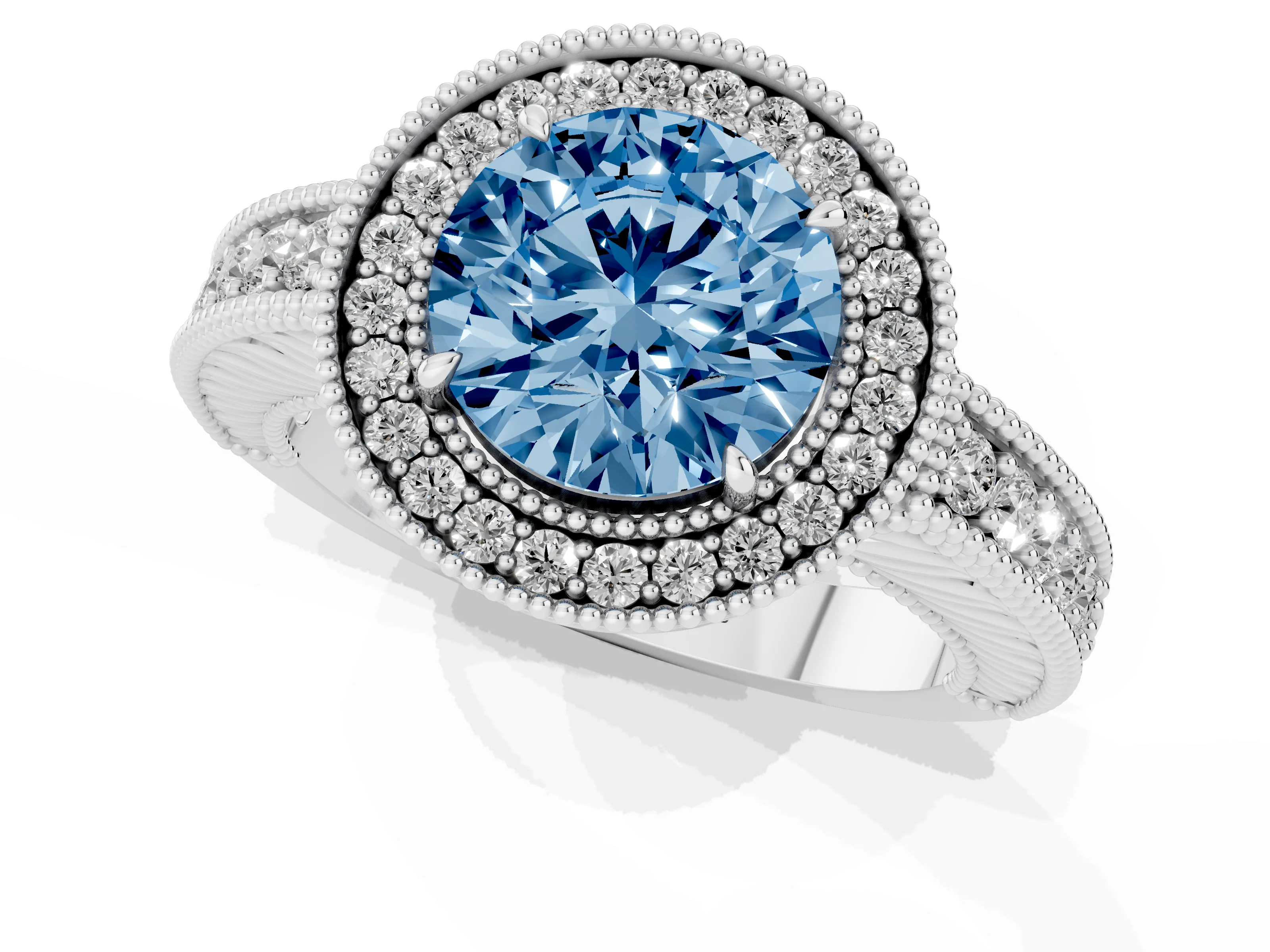 Fancy Blue Round Cut Diamond Halo Ring Set in Platinum with Round Accent Halo, Pavé Band and Prong Setting