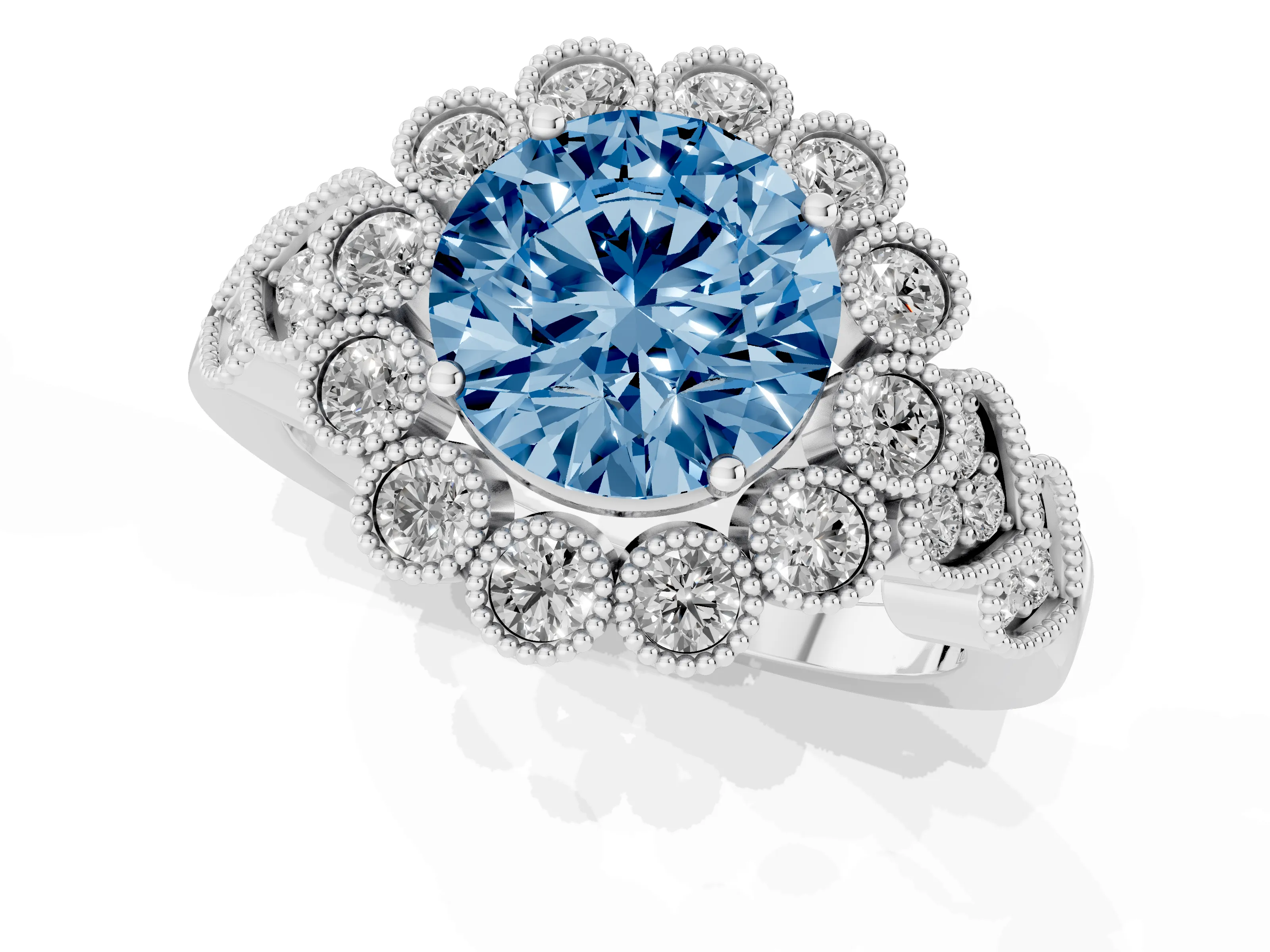 Fancy Blue Round Cut Diamond Solitaire Ring Set in Silver with Milgrain Pavé Heart Band