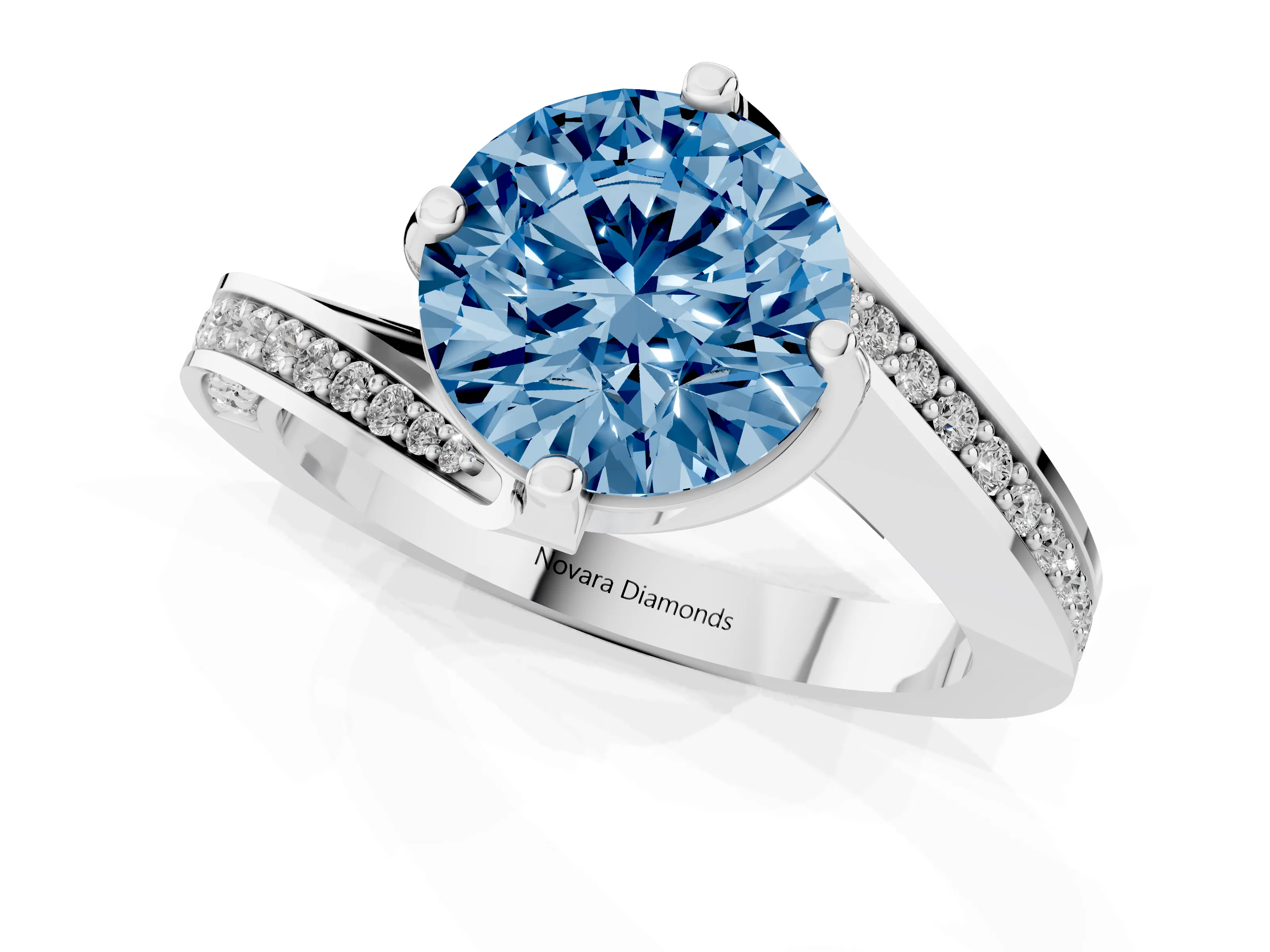 Fancy Blue Round Cut Diamond Solitaire Ring Set in White gold with Intertwined Pavé Twist Band