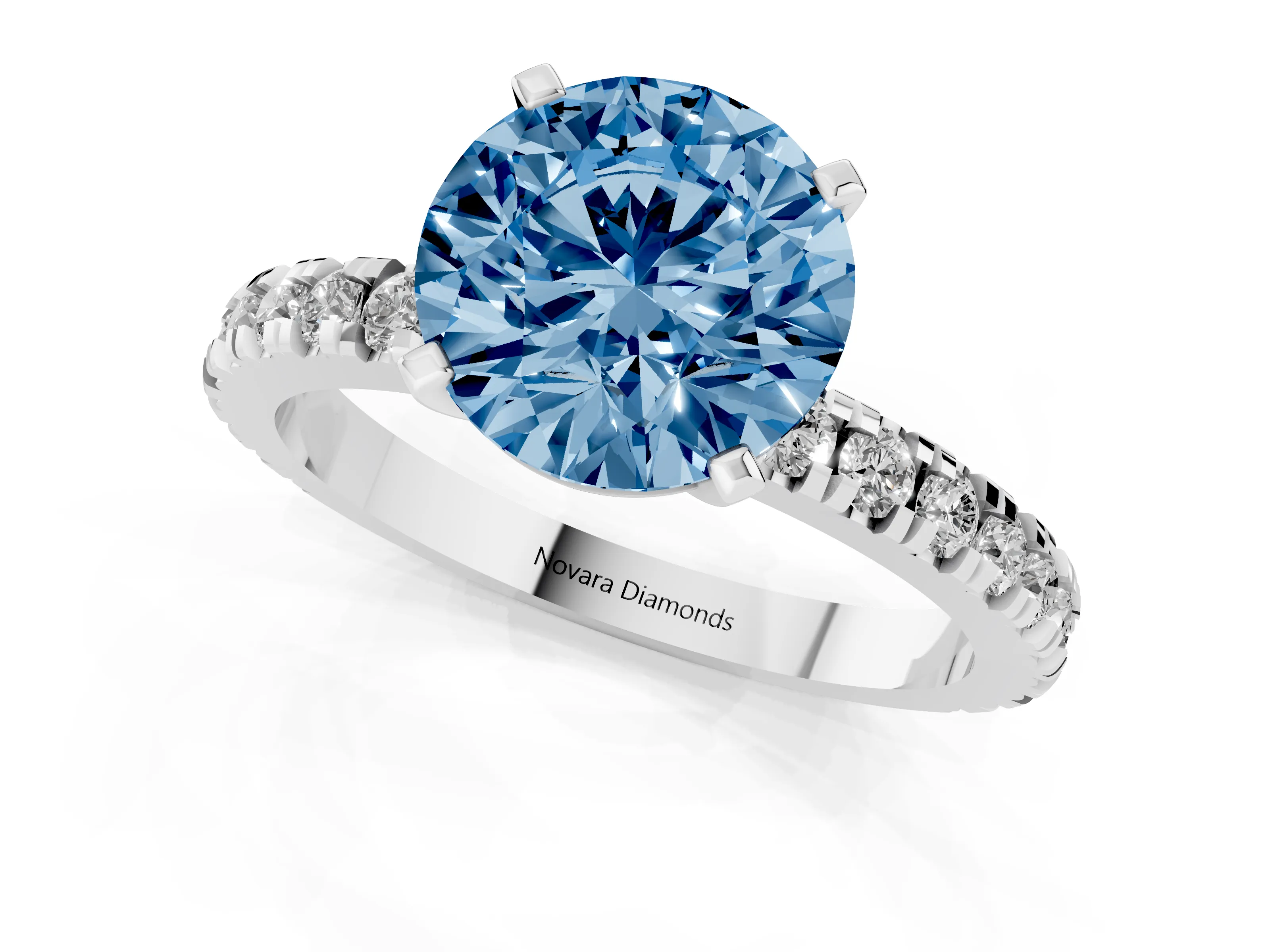 Fancy Blue Round Cut Diamond Pavé Band Solitaire Set in Platinum with Prong Setting