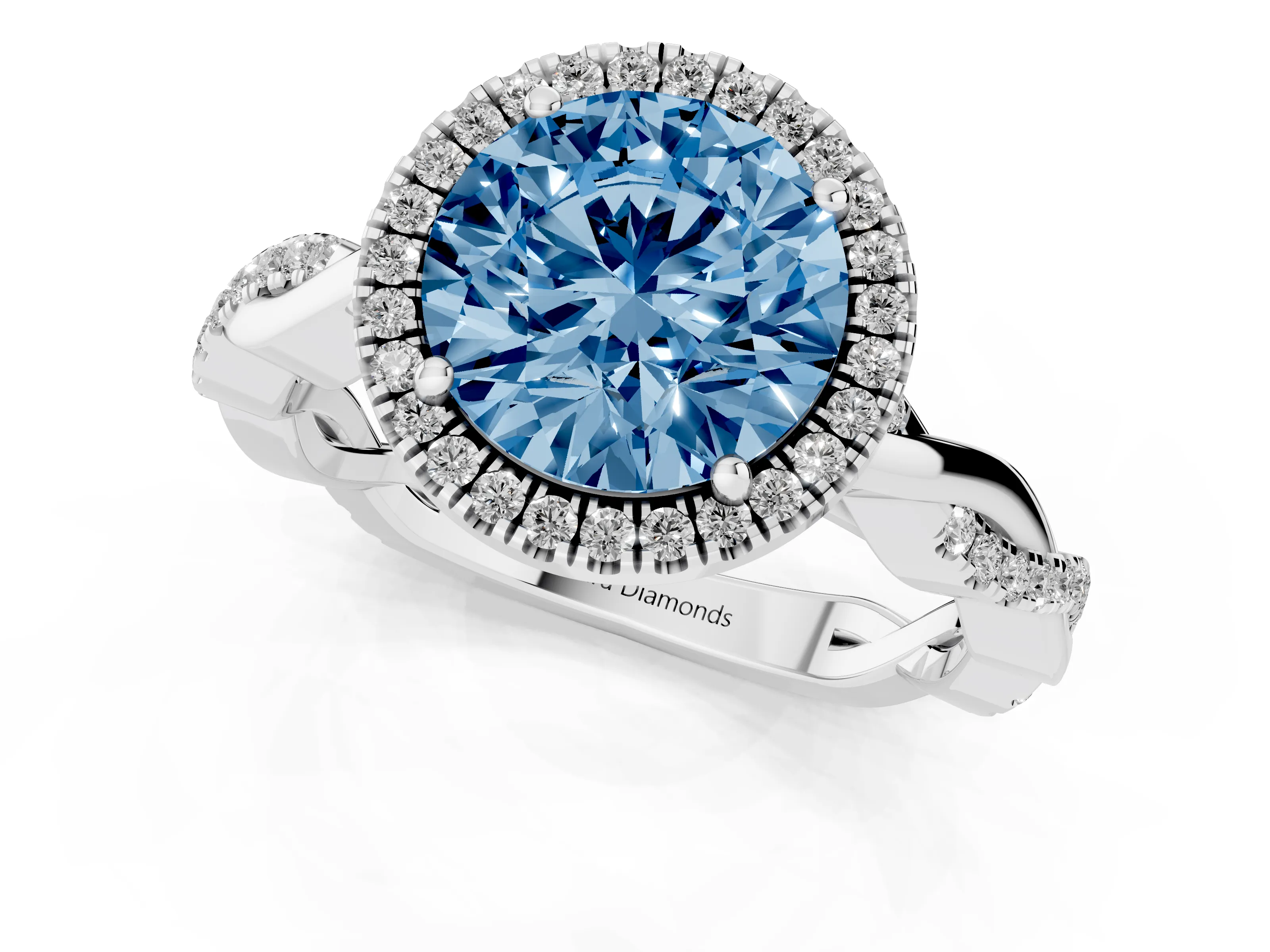 Fancy Blue Round Cut Diamond Halo Twisted Band Ring Set in White gold with Prong Setting