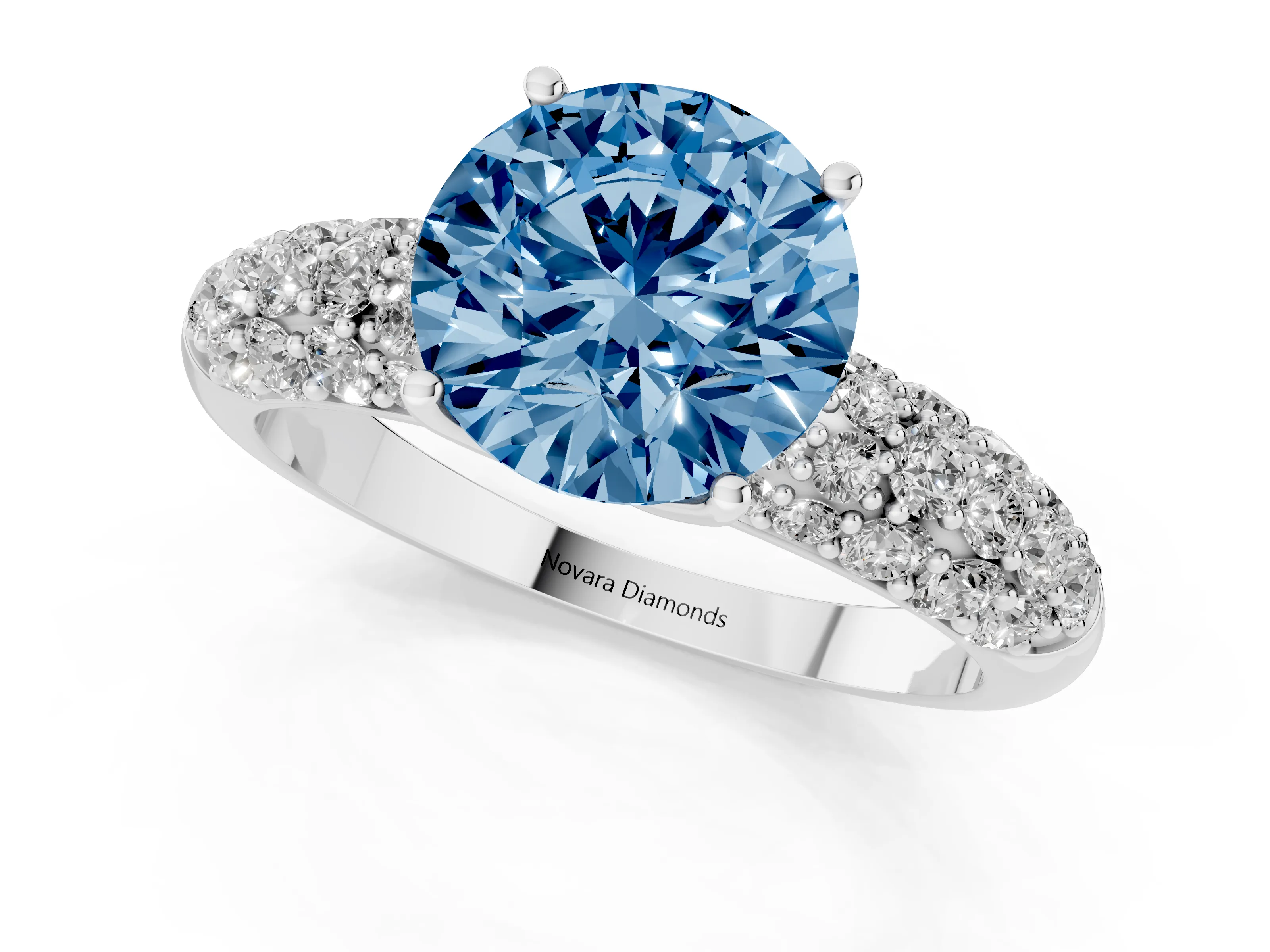 Fancy Blue Round Cut Diamond Pavé Band Solitaire Ring Set in Silver with Close-Set Accent Stones and Prong Setting