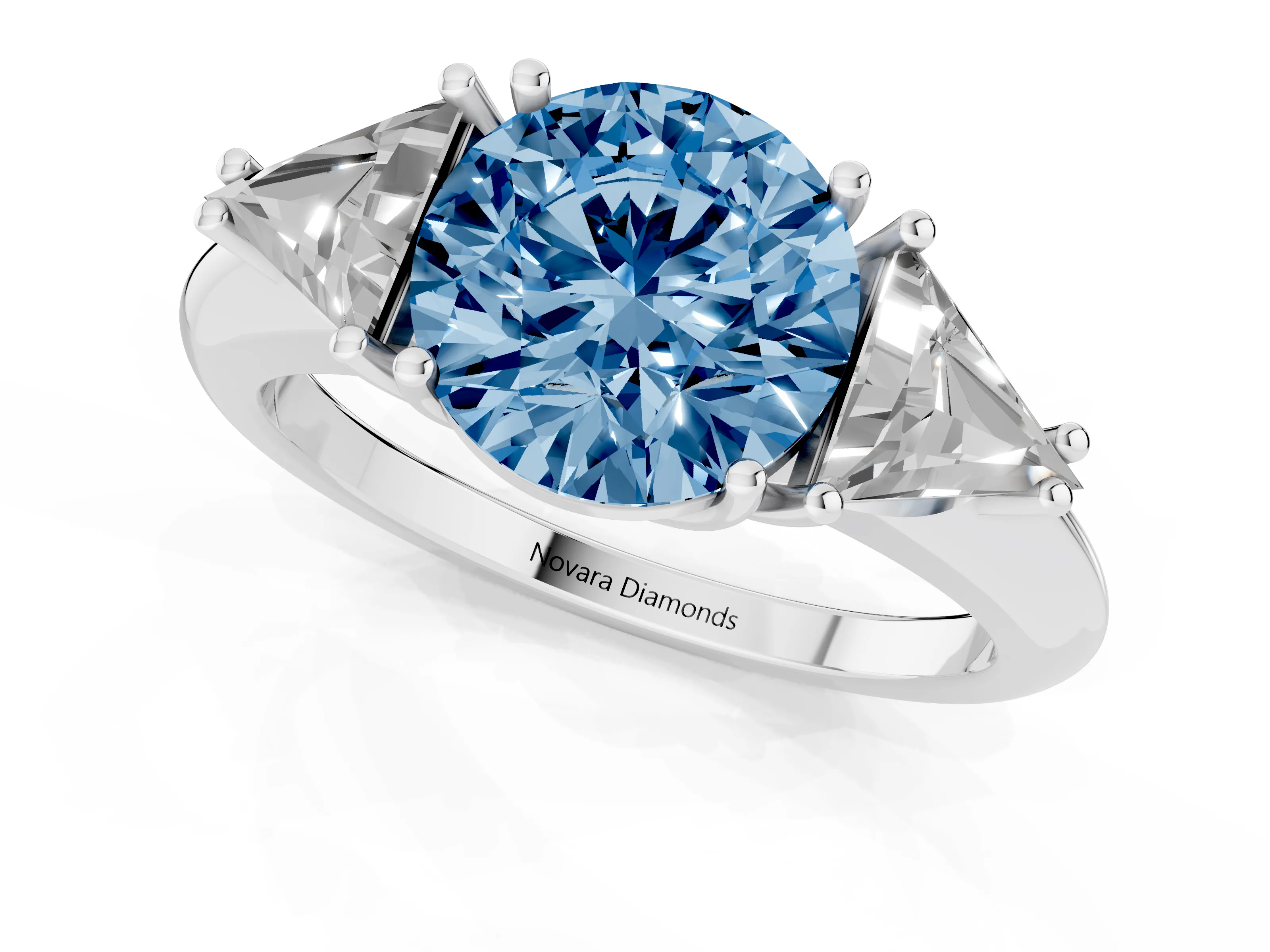 Fancy Blue Round Cut Diamond Three-Stone Engagement Ring Set in White gold with Trillion Side Stones