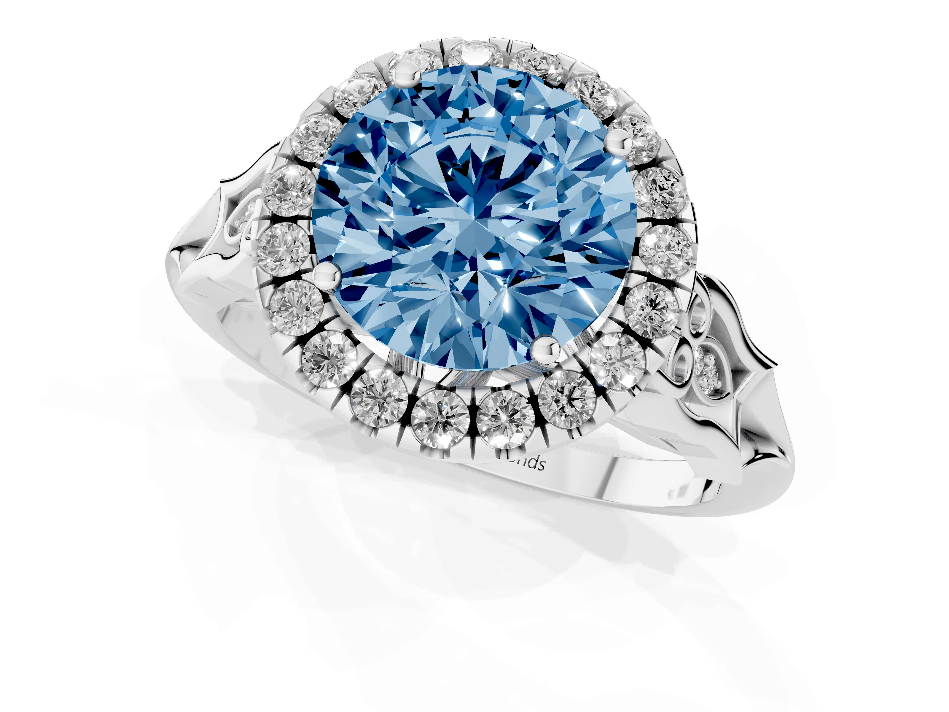Fancy Blue Round Cut Diamond Halo Engagement Ring Set in Platinum with Filigree Band and Prong-Set Center – second view