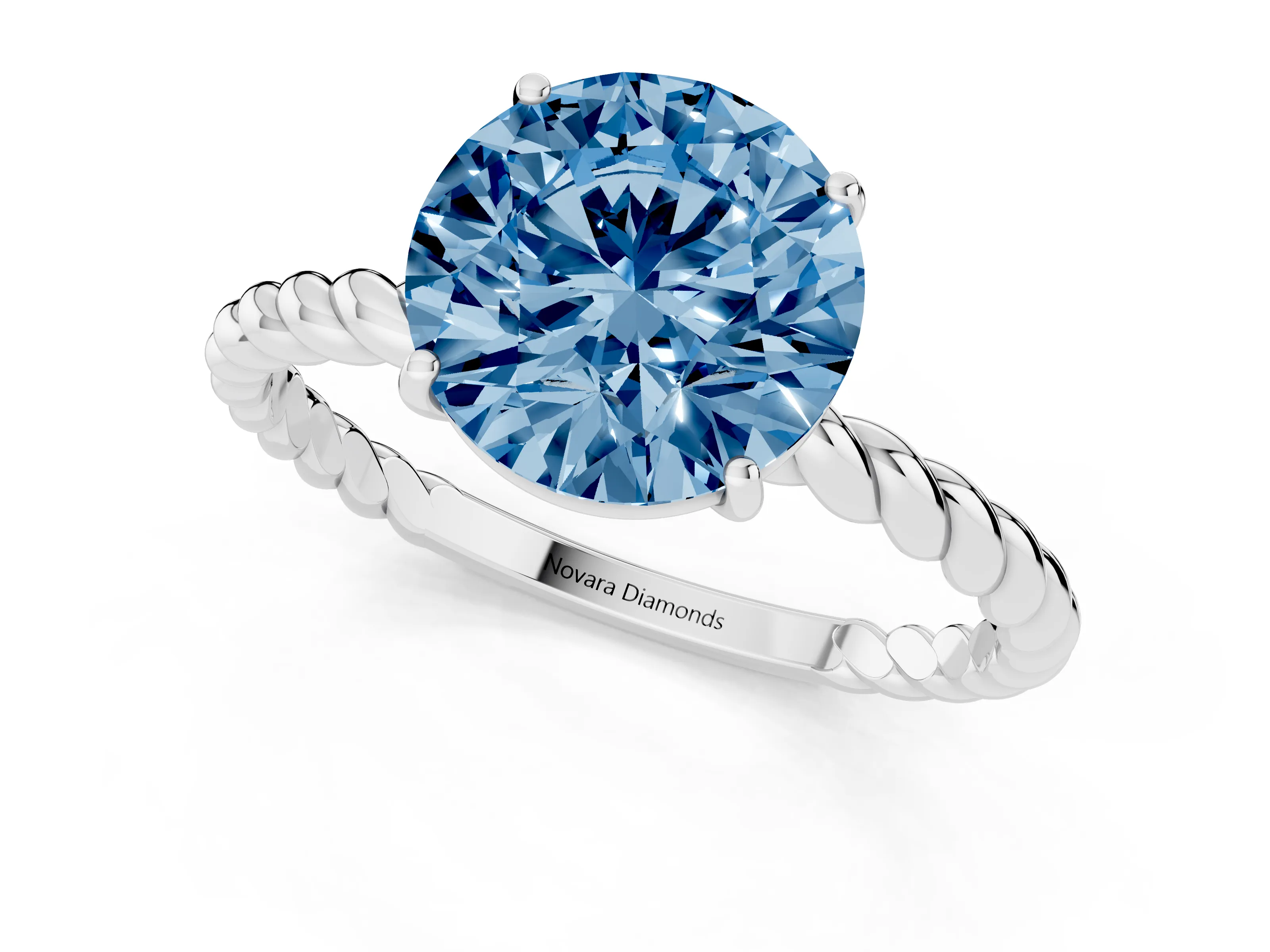 Fancy Blue Round Cut Diamond Solitaire Ring Set in White gold with Twist Band and Prong Setting