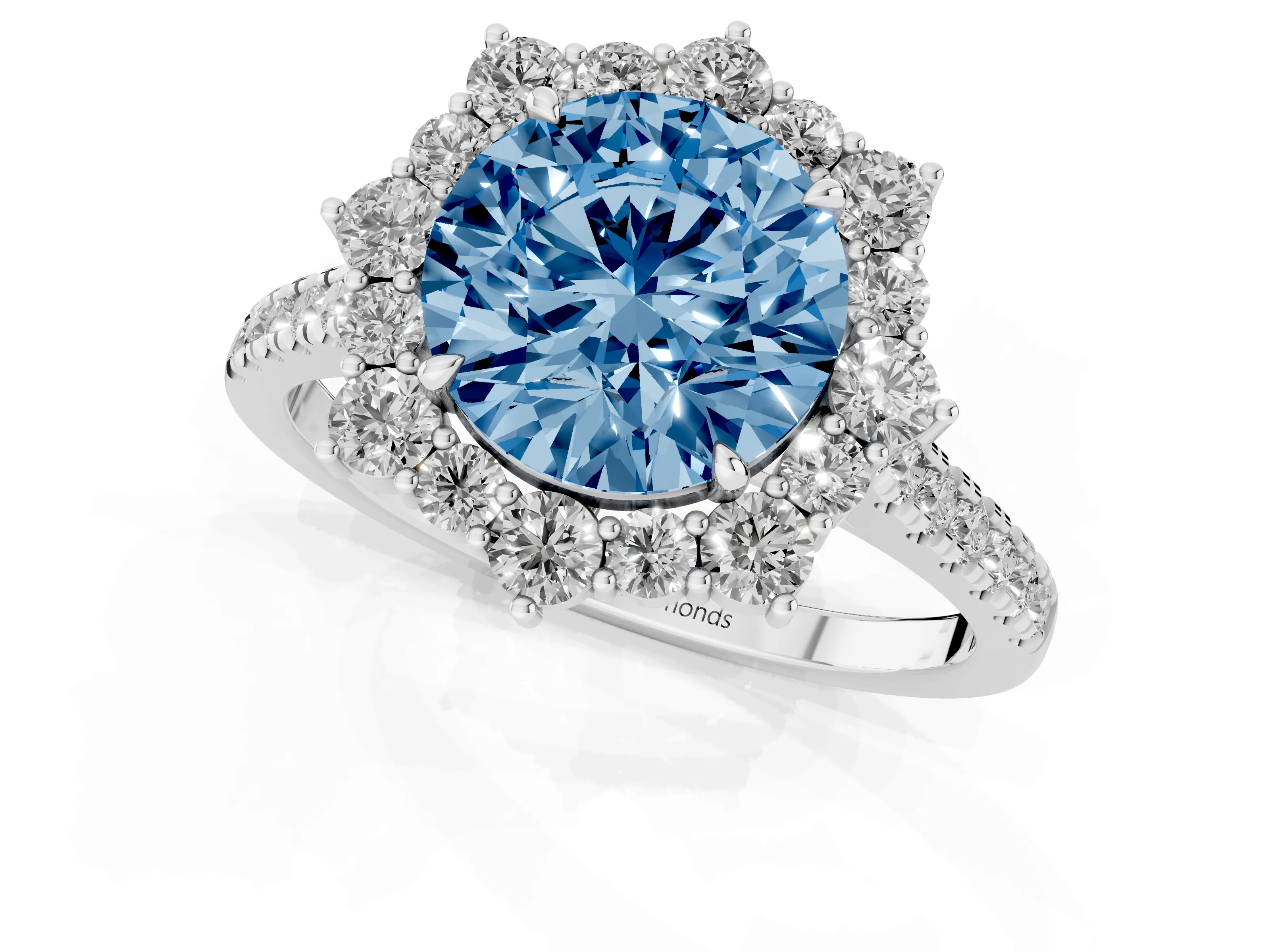 Fancy Blue Round Cut Diamond Halo Ring Set in Silver with Pavé Band and Prong Setting