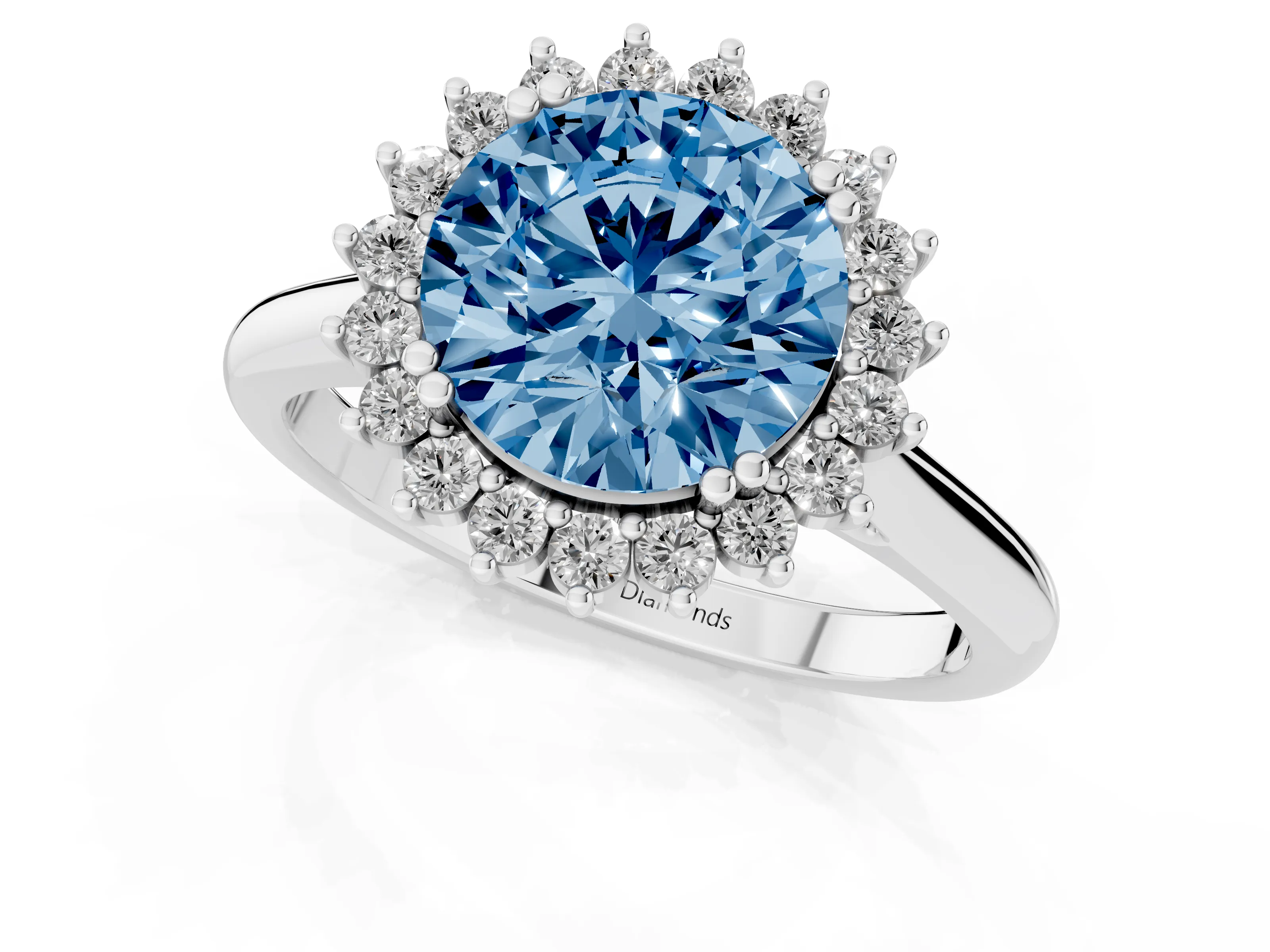 Fancy Blue Round Cut Diamond Halo Ring Set in Platinum with Plain Solitaire Band and Prong Setting