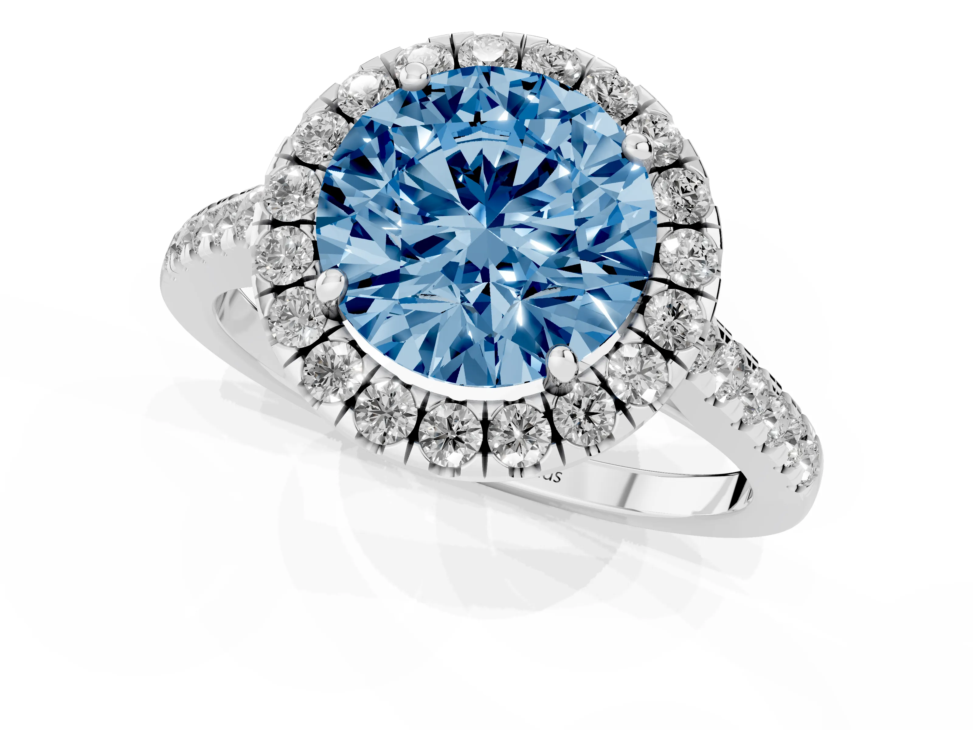 Fancy Blue Round Cut Diamond Halo Pavé Engagement Ring Set in White gold with Prong Setting
