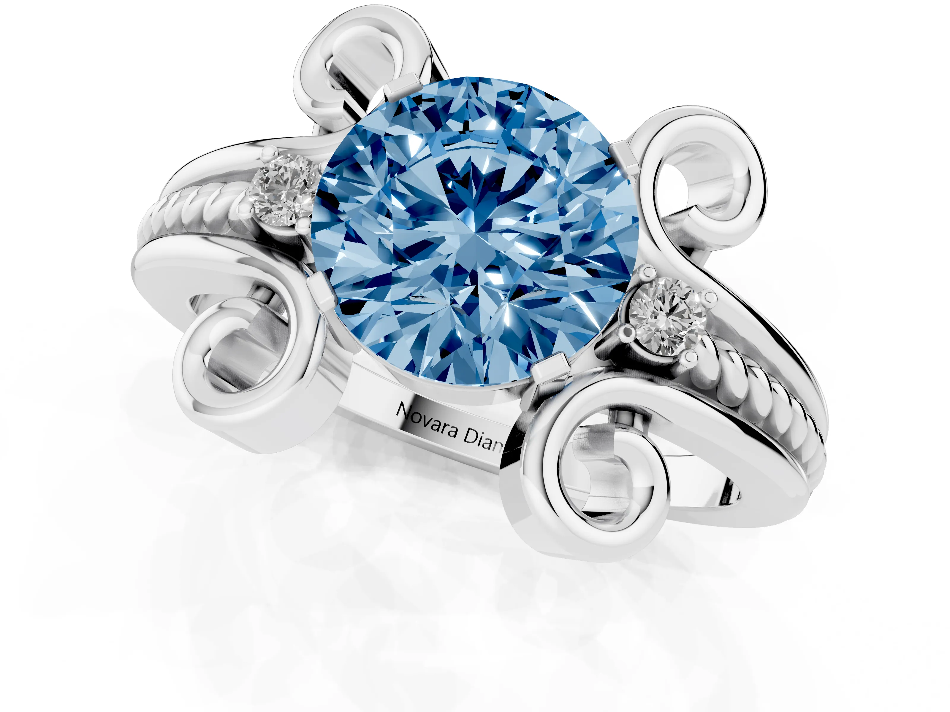 Fancy Blue Round Cut Diamond Twisted Band Solitaire Ring Set in White gold with Scroll Prongs