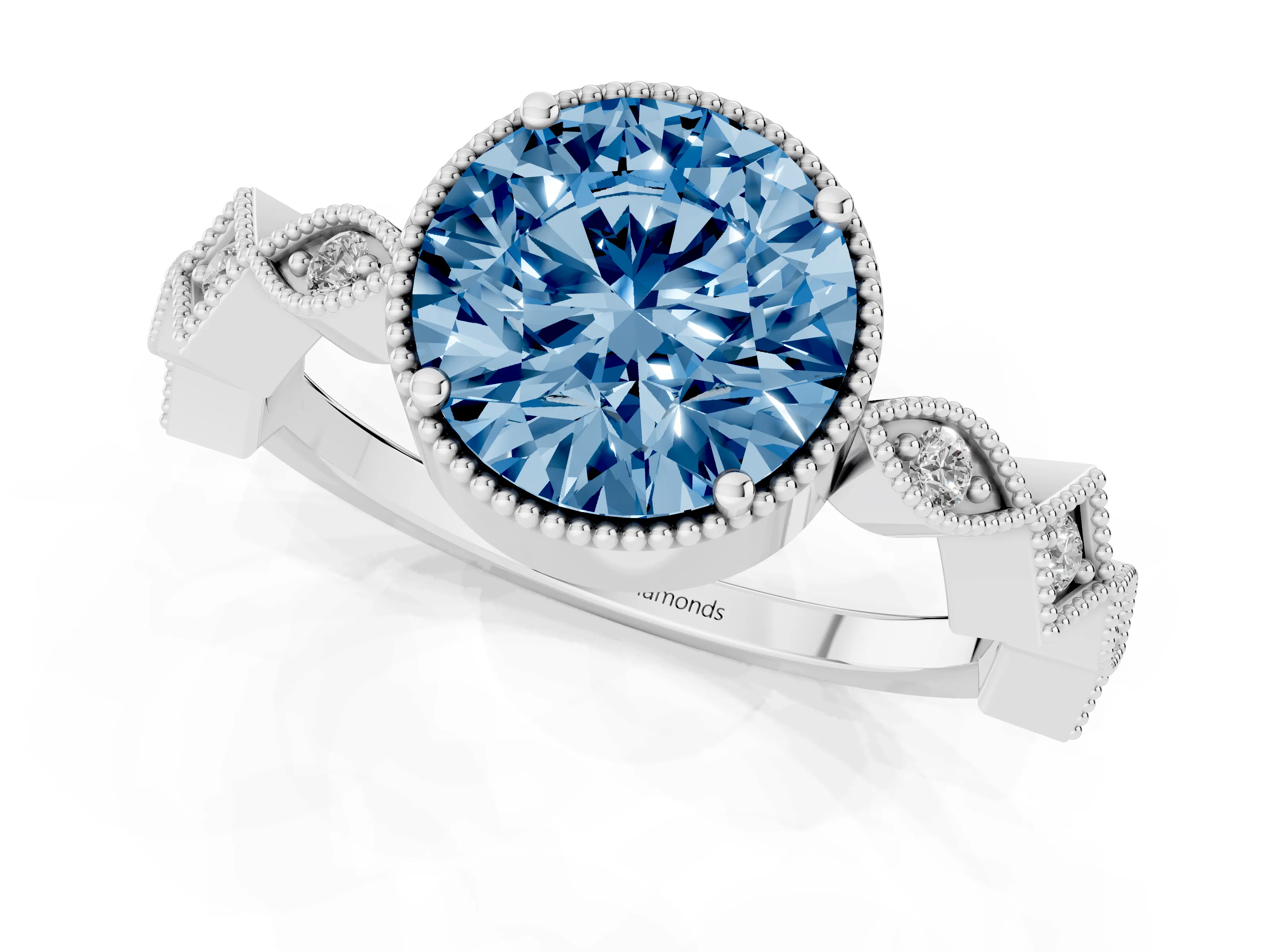 Fancy Blue Round Cut Diamond Milgrain Marquise Twist Band Ring Set in White gold with Prong Setting