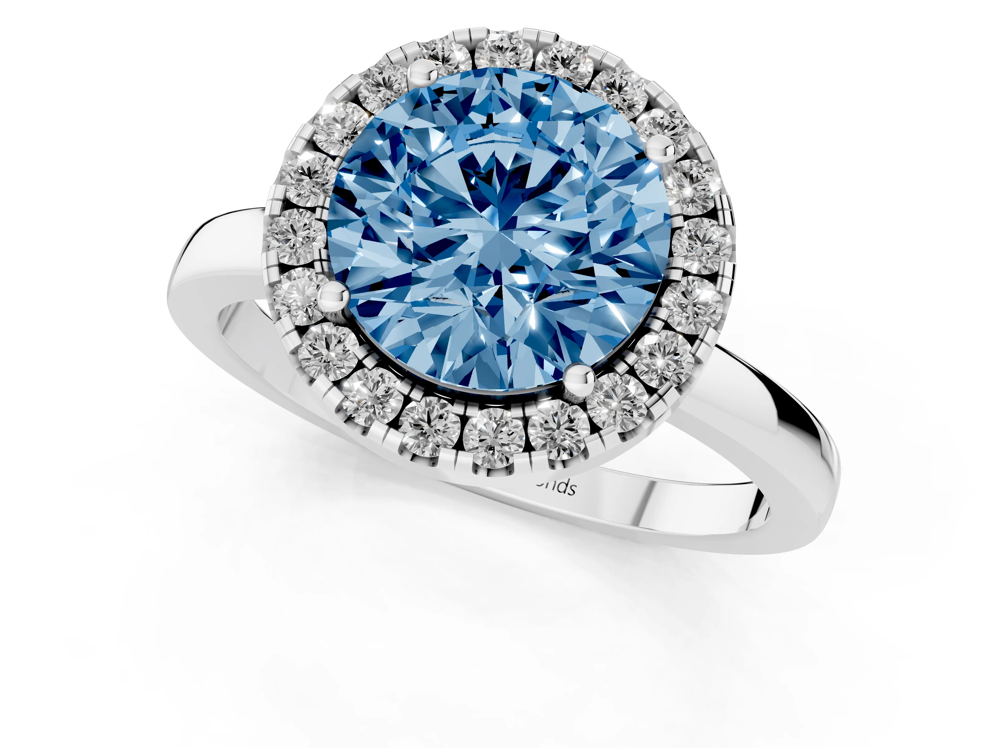 Fancy Blue Round Cut Diamond Halo Solitaire Ring Set in White gold with Pavé Band and Prong Setting