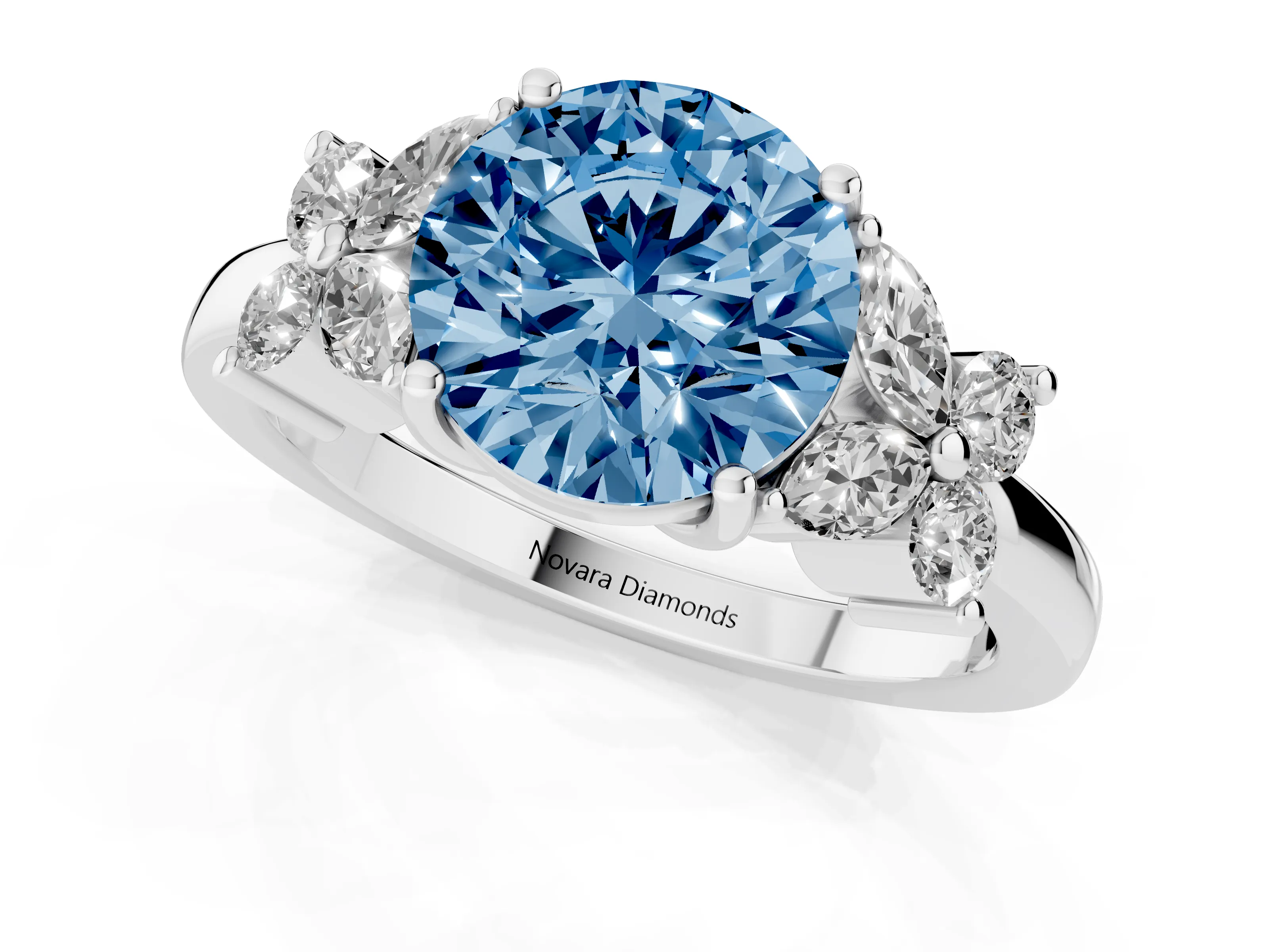 Fancy Blue Round Cut Diamond Floral Cluster Ring Set in White gold with Marquise Petals and Prong Setting