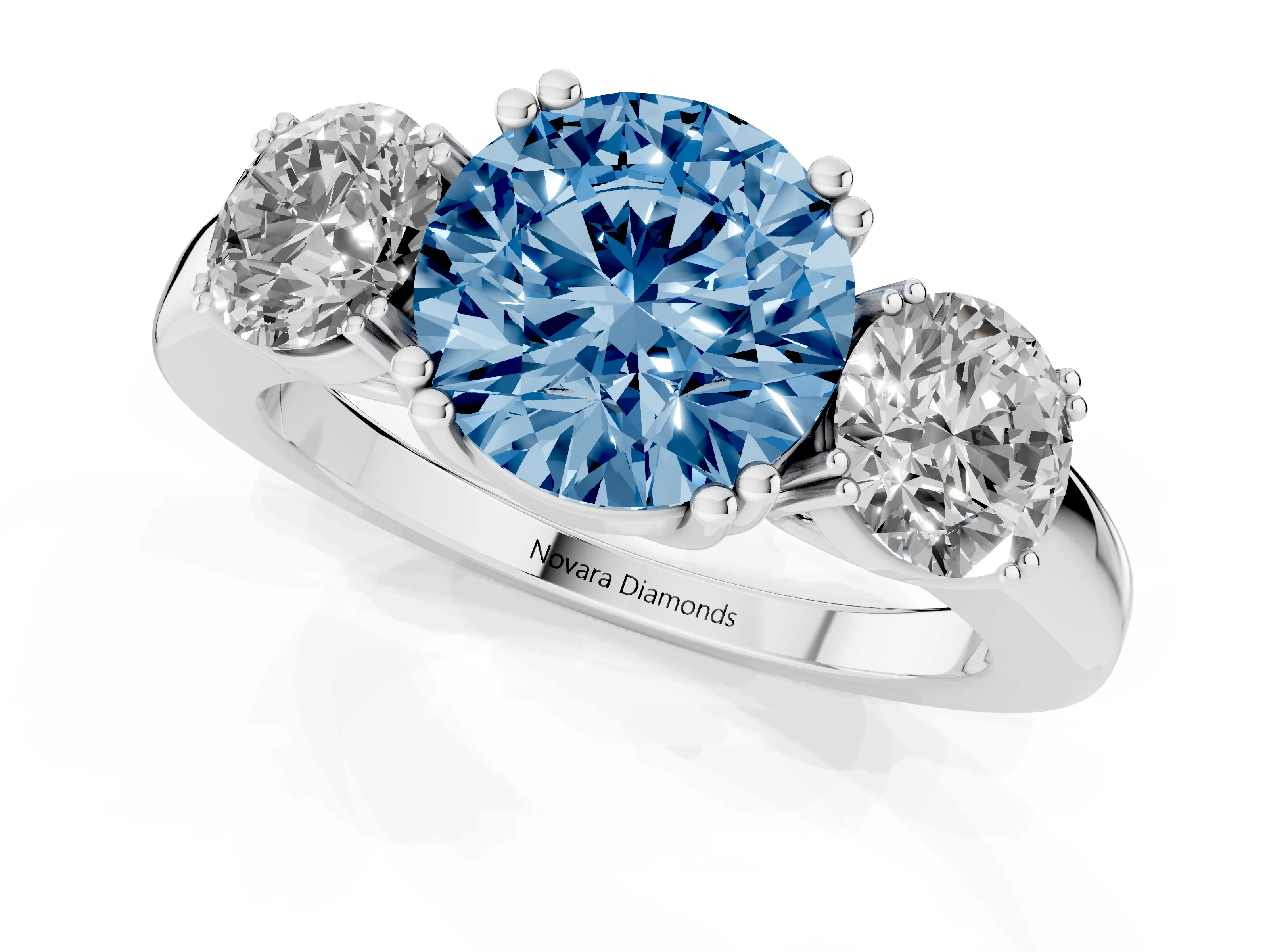 Fancy Blue Round Cut Diamond Three-Stone Ring Set in White gold with Polished Channel-Set Band
