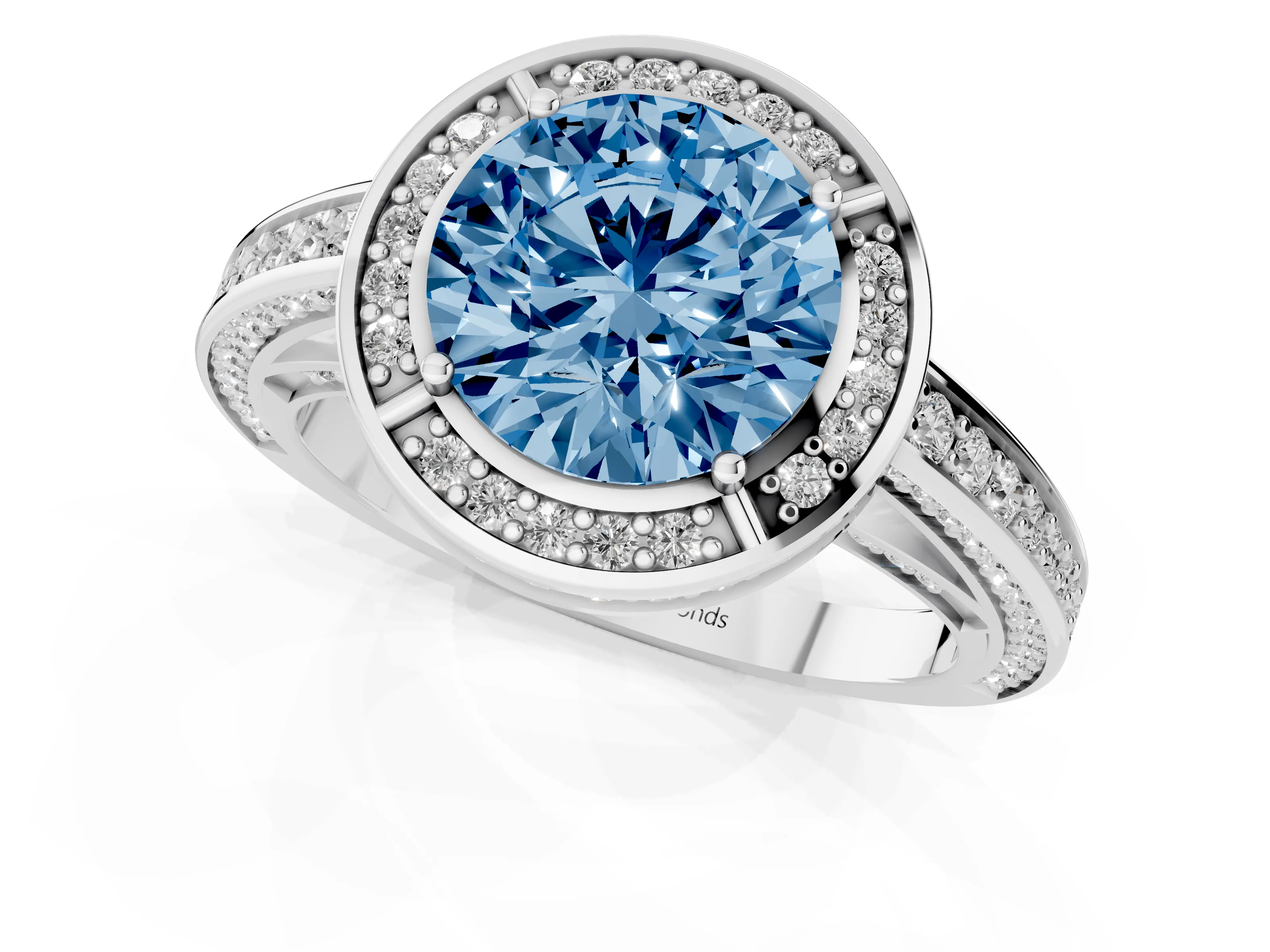 Fancy Blue Round Cut Diamond Halo Pavé Split Shank Ring Set in Platinum with Prong Setting