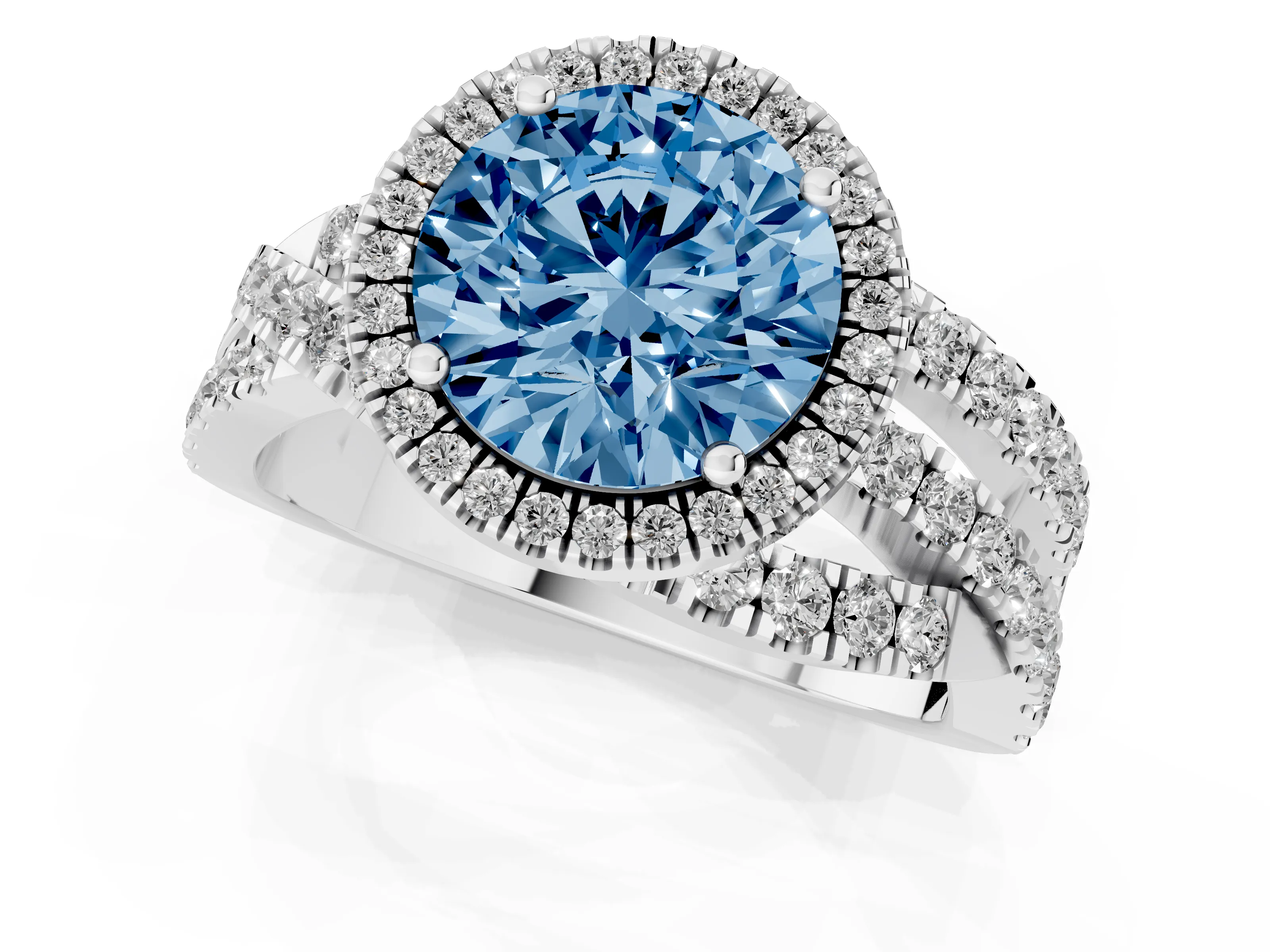 Fancy Blue Round Cut Diamond Halo Ring Set in Silver with Round Crossover Split Shank and Prong Setting