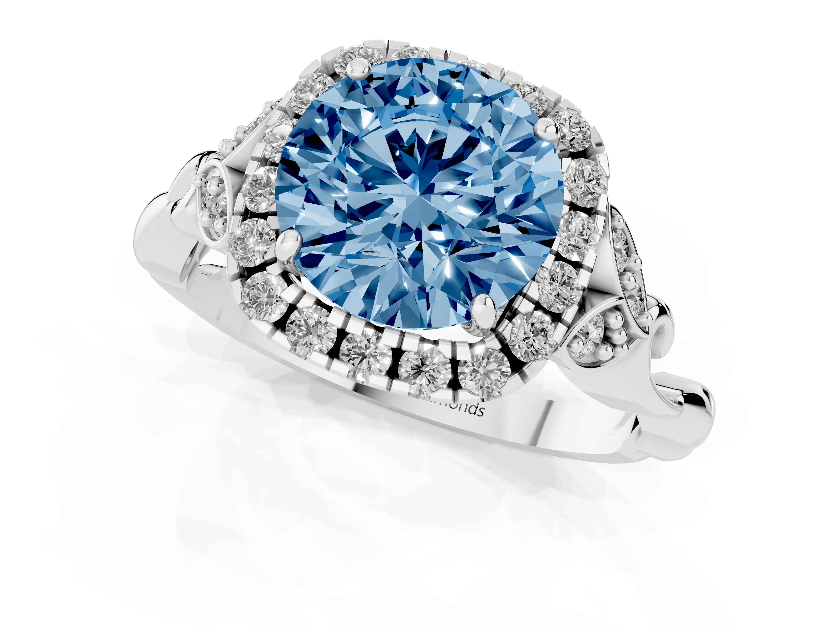 Fancy Blue Round Cut Diamond Halo Engagement Ring Set in White gold with Vintage-Inspired Band and Prong Setting