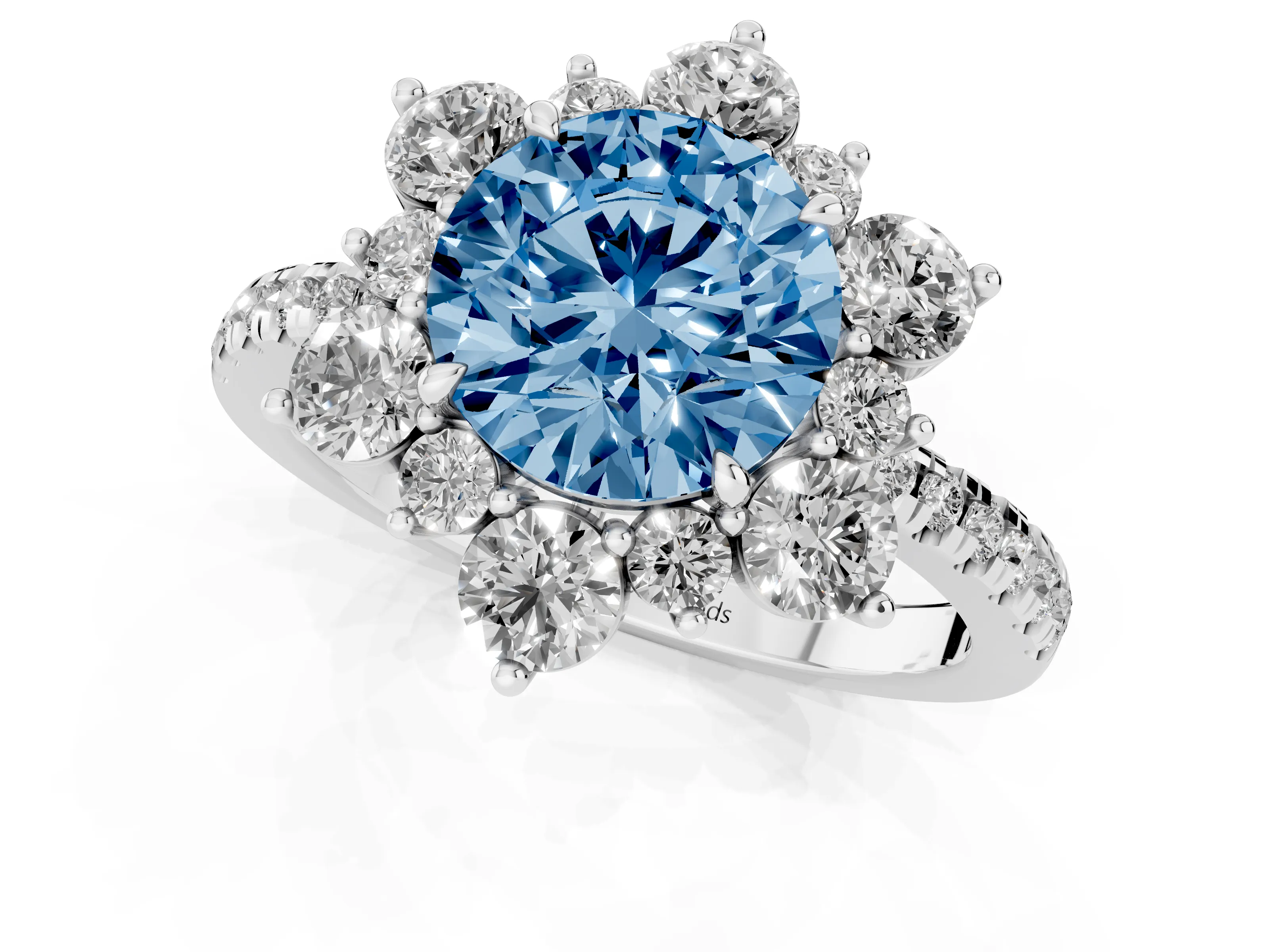 Fancy Blue Round Cut Diamond Floral Halo Ring Set in White gold with Round Pavé Band and Prong Setting