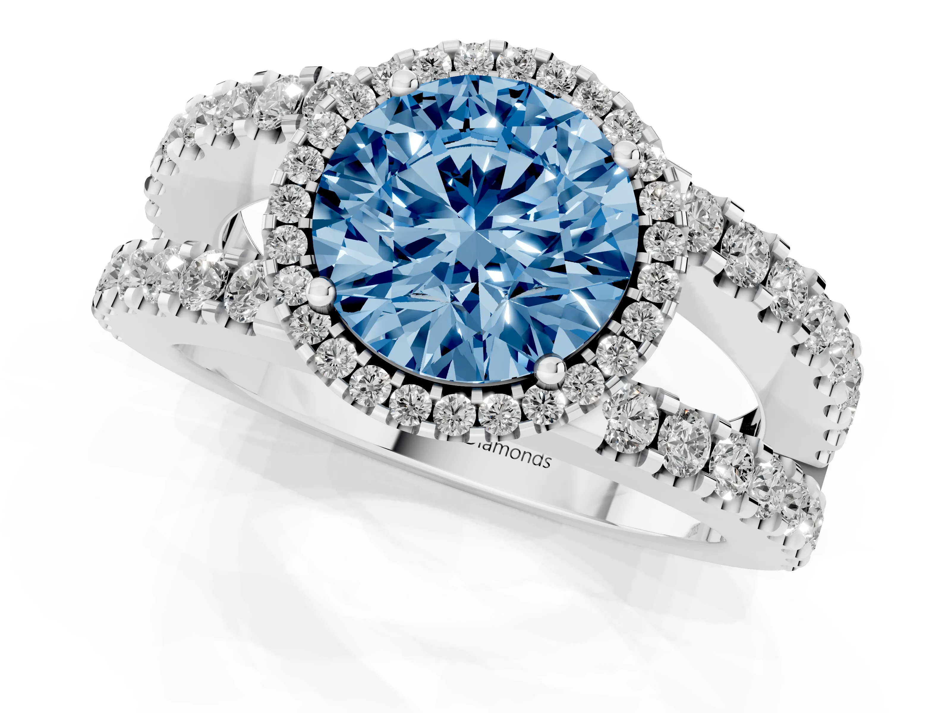 Fancy Blue Round Cut Diamond Halo Ring Set in Silver with Pavé Split Shank and Prong Setting