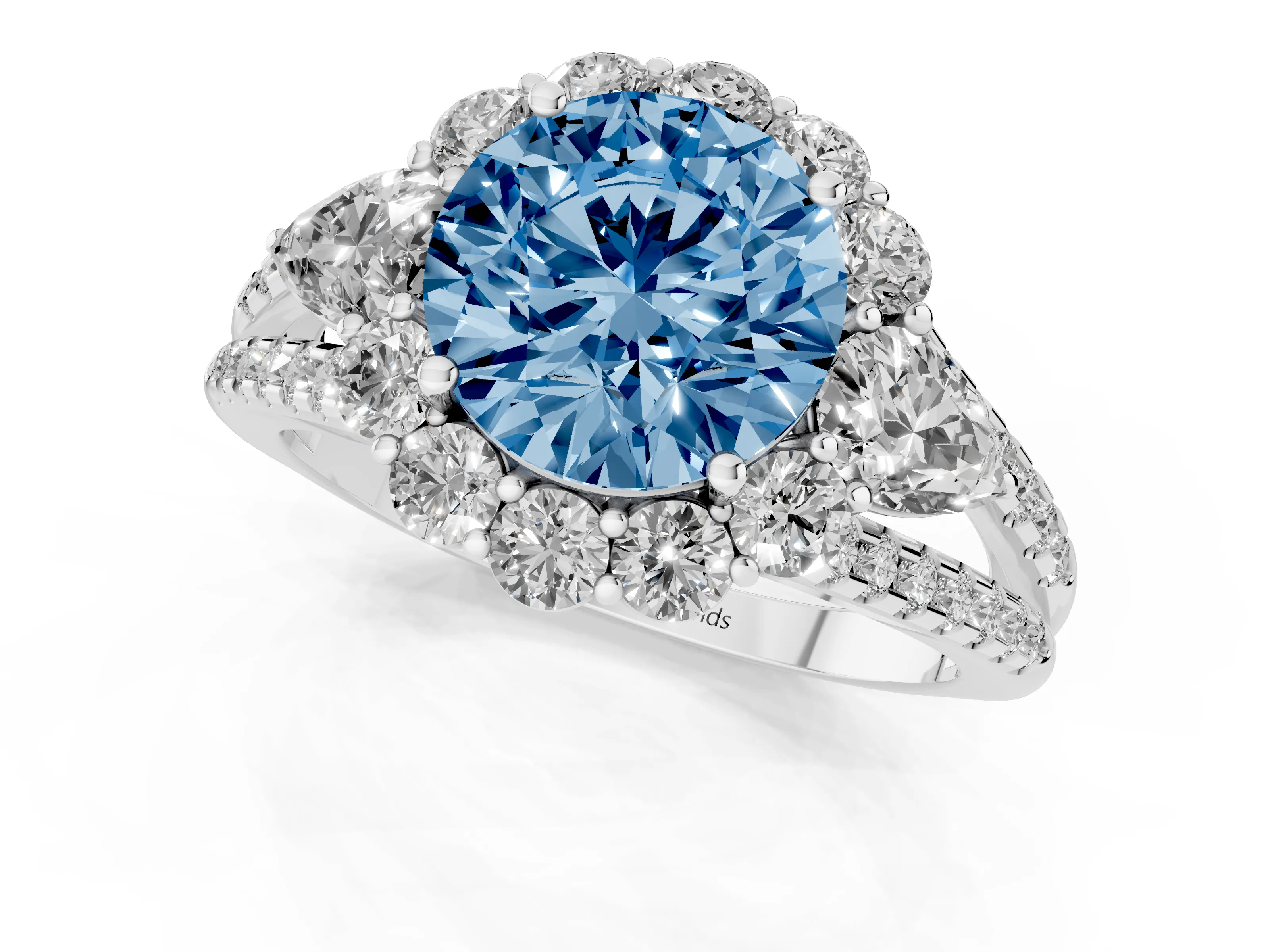 Fancy Blue Round Cut Diamond Halo Split Shank Engagement Ring Set in Silver with Prong-Held Center Stone