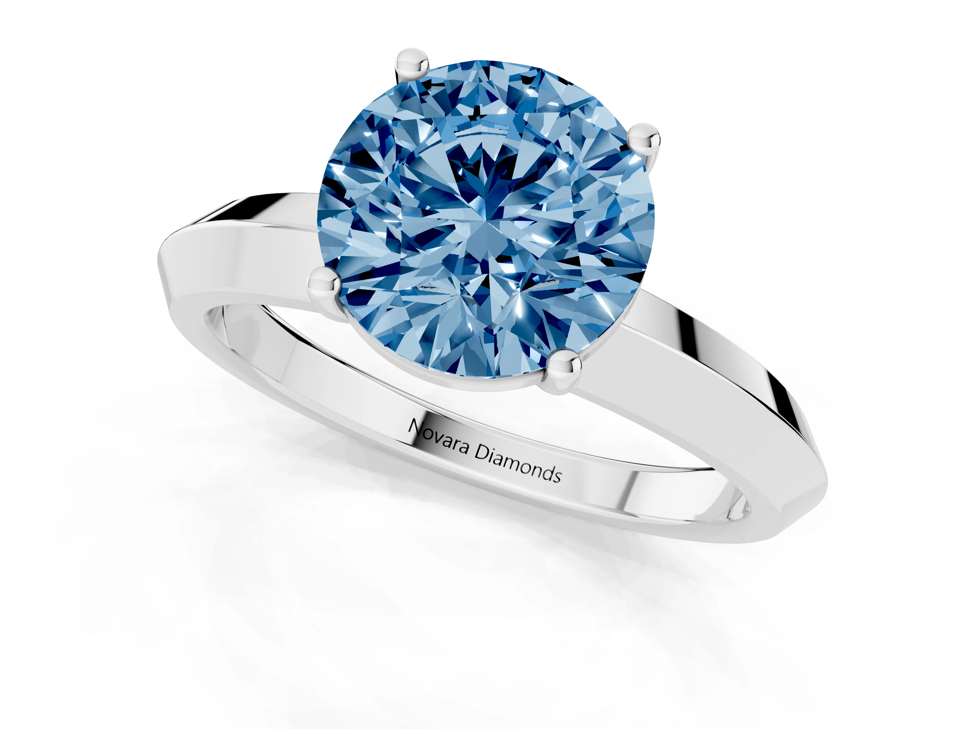 Fancy Blue Round Cut Diamond Solitaire Engagement Ring Set in Platinum with Flat Band and Prong Setting