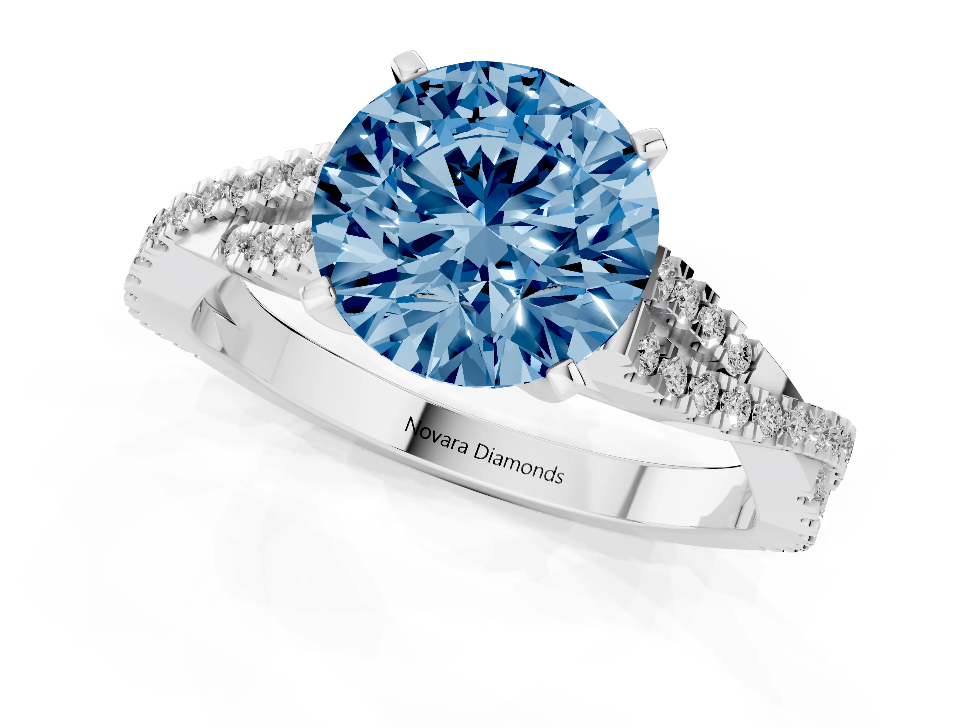 Fancy Blue Round Cut Diamond Solitaire Engagement Ring Set in Platinum with Twisted Pavé Band and Prong Setting