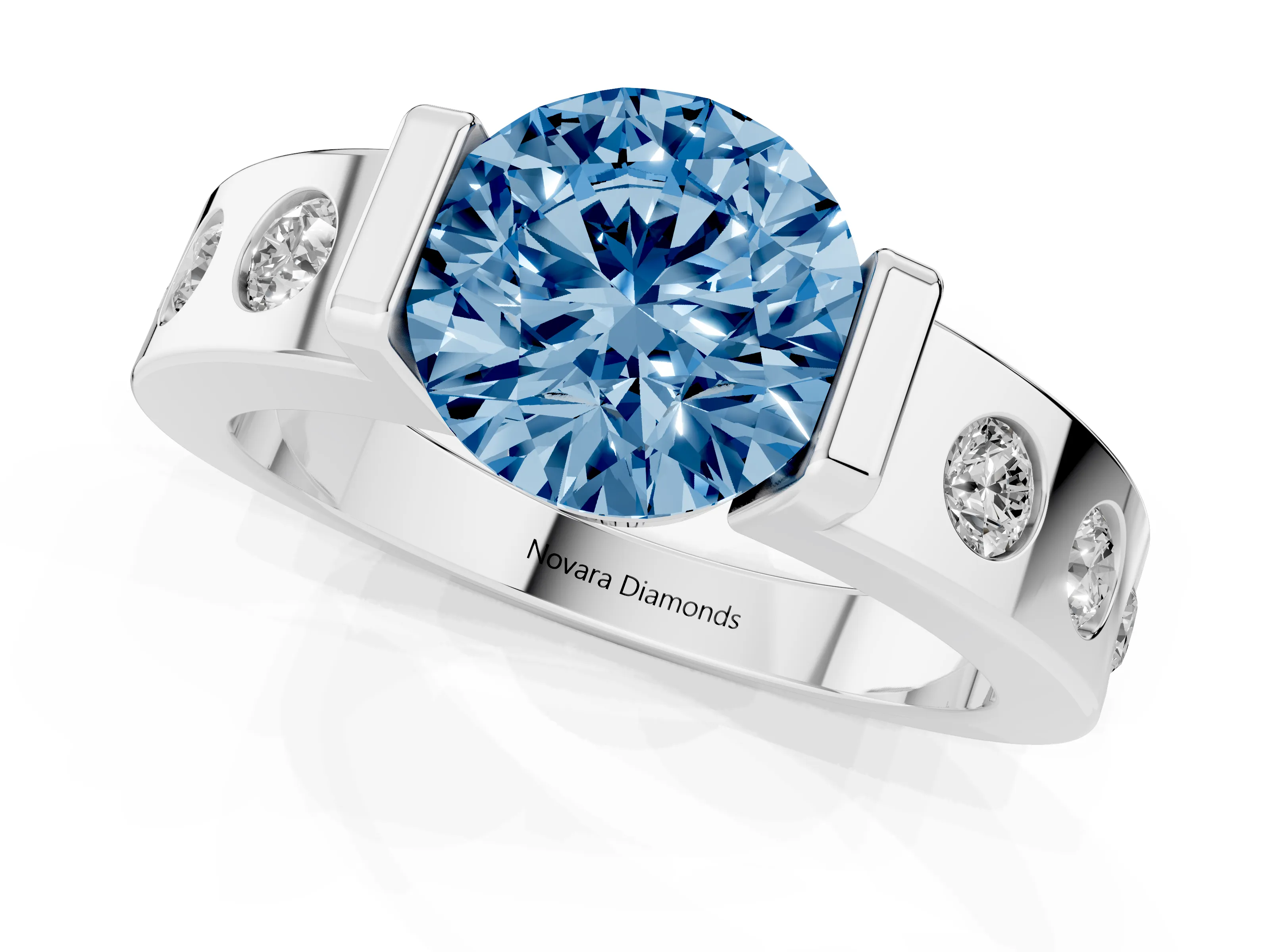 Fancy Blue Round Cut Diamond Channel-Set Band Ring Set in White gold with Bezel Prong Setting