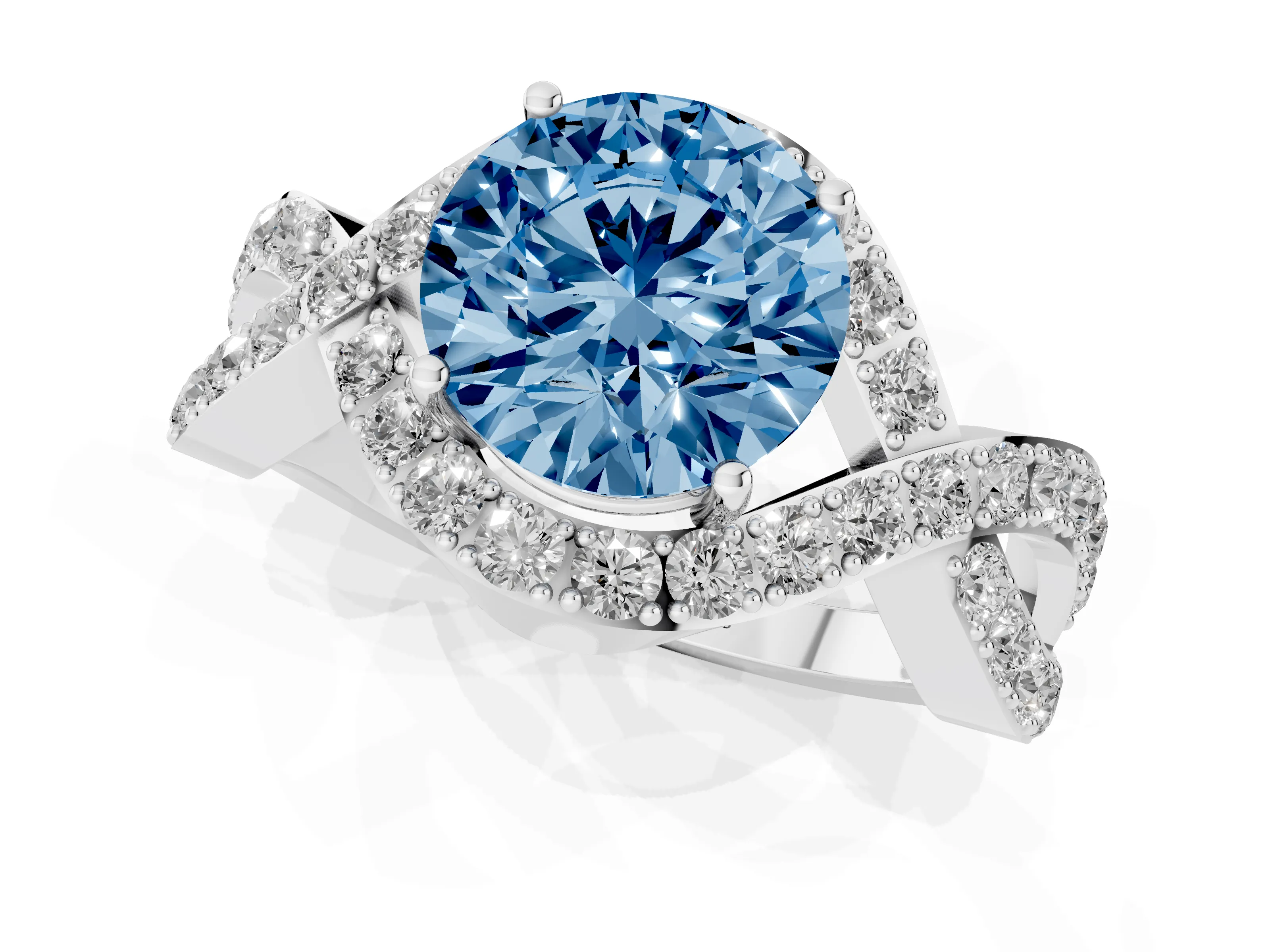 Fancy Blue Round Cut Diamond Solitaire Twist Band Pavé Engagement Ring Set in White gold