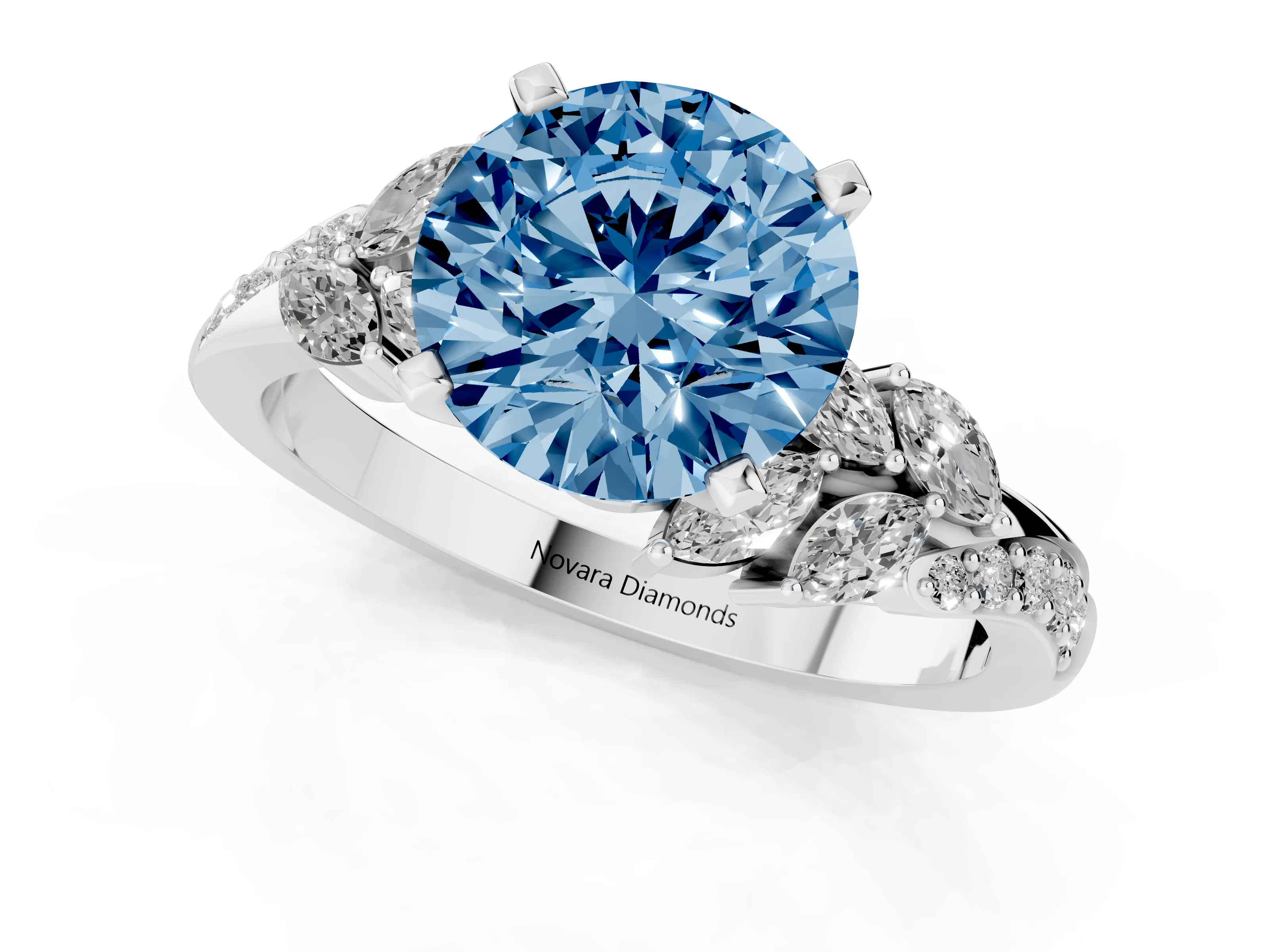 Fancy Blue Round Cut Diamond Solitaire Ring Set in Silver with Marquise Twist Band and Prong Setting