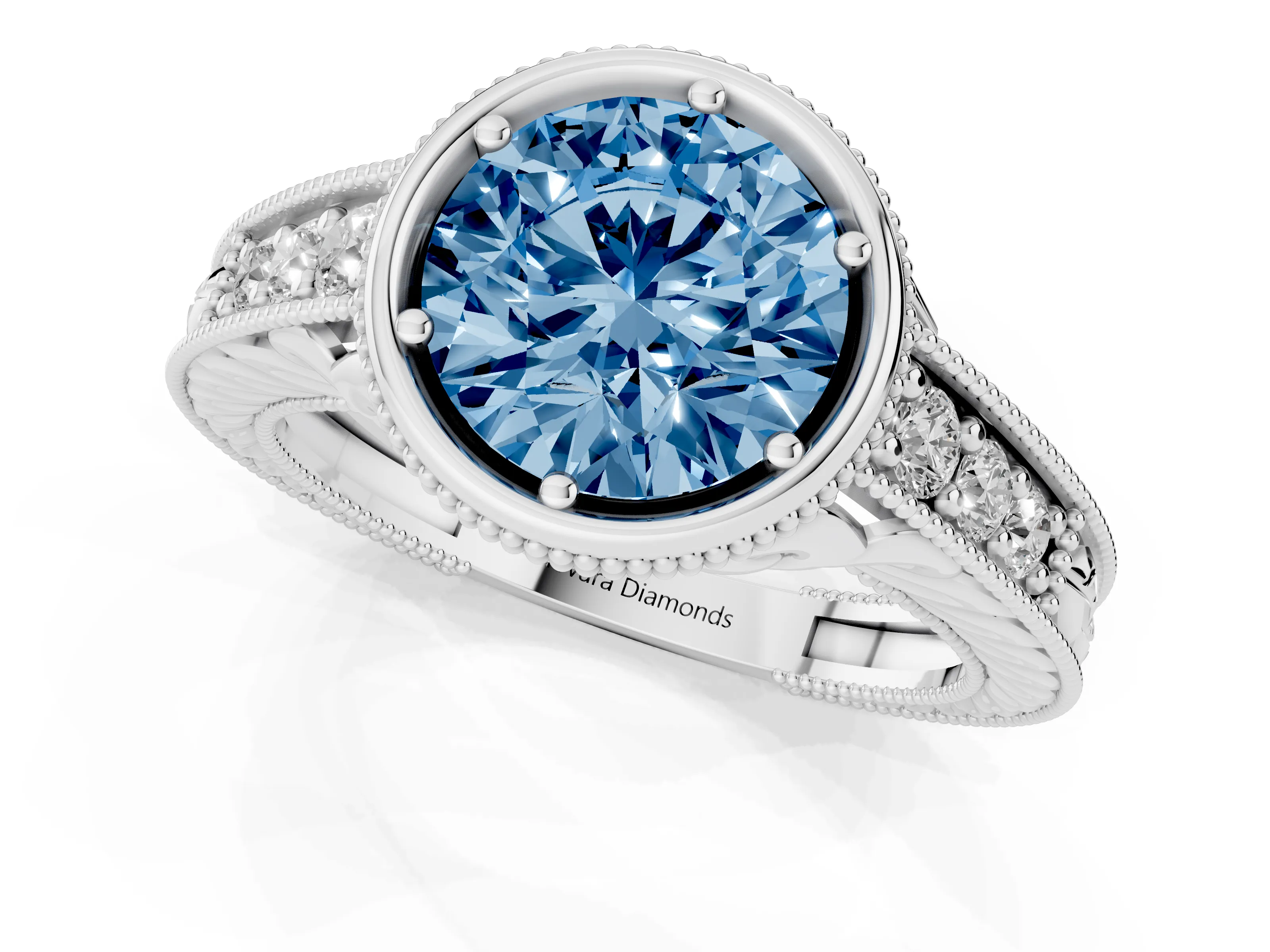 Fancy Blue Bezel Set Round Cut Diamond Milgrain Pavé Engagement Ring Set in Silver