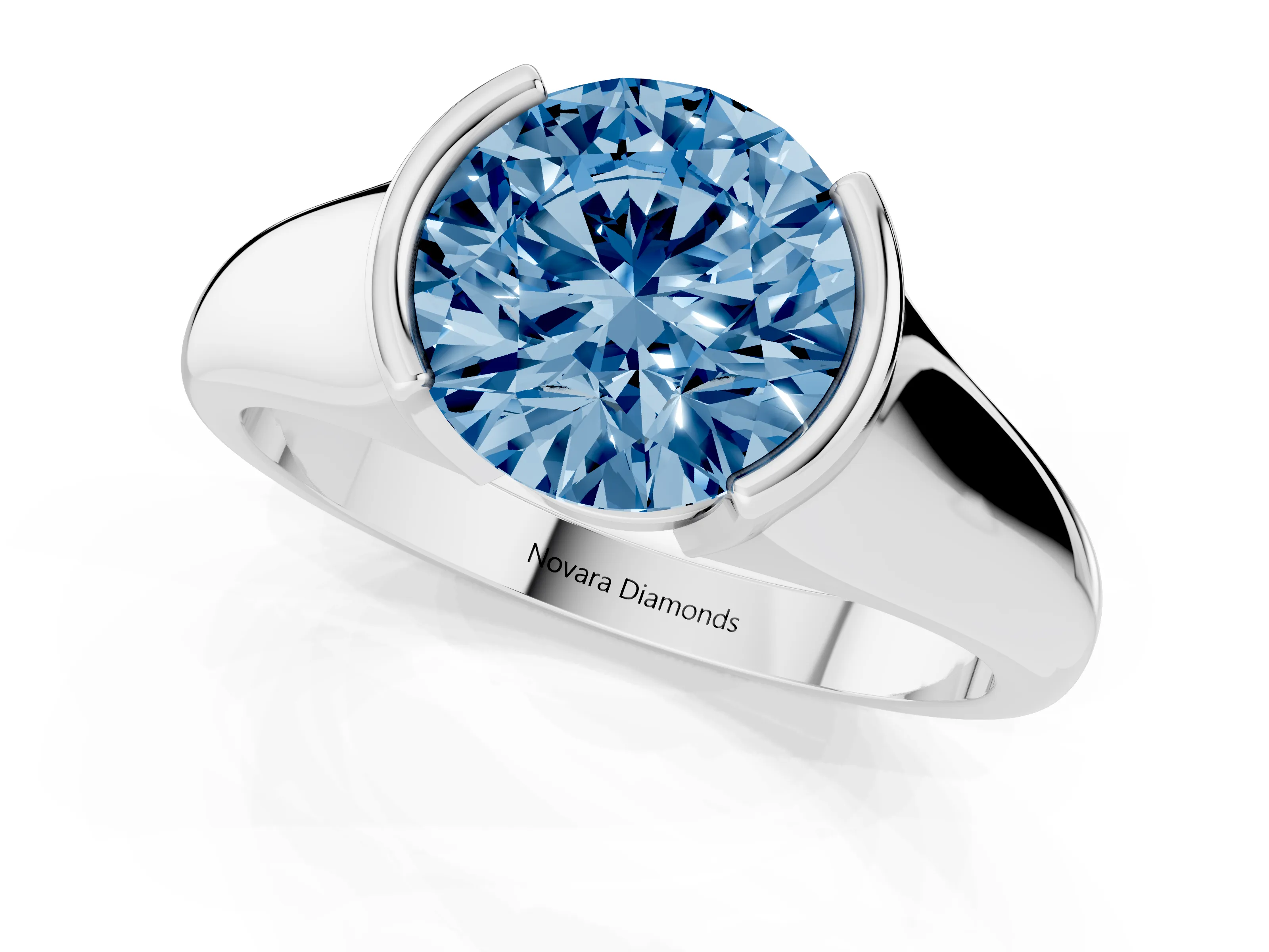 Fancy Blue Round Cut Diamond Solitaire Tension Set Ring Set in Platinum with Split Shank Band
