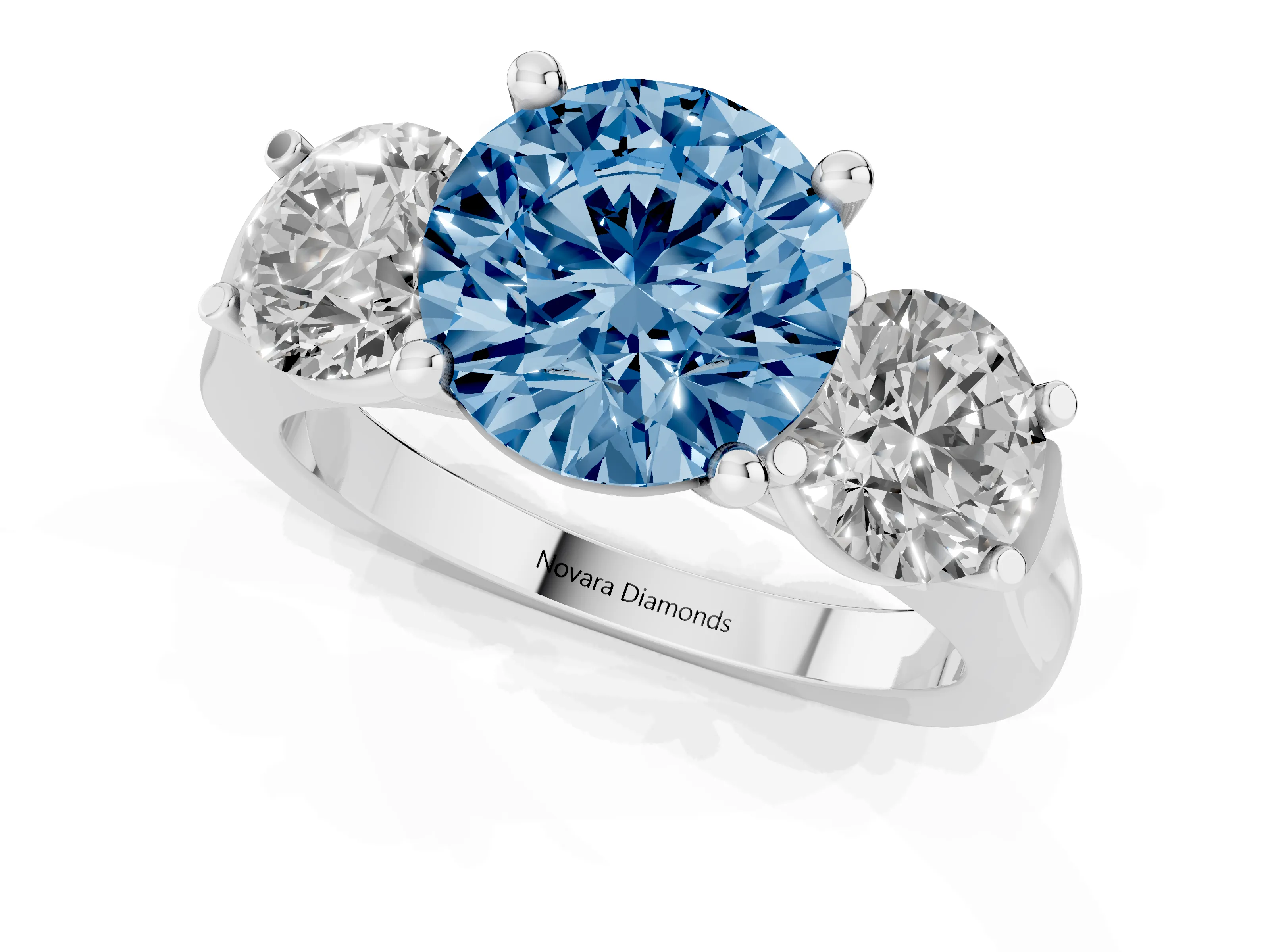 Fancy Blue Round Cut Diamond Three-Stone Trellis Ring Set in Silver with Comfort Fit Band
