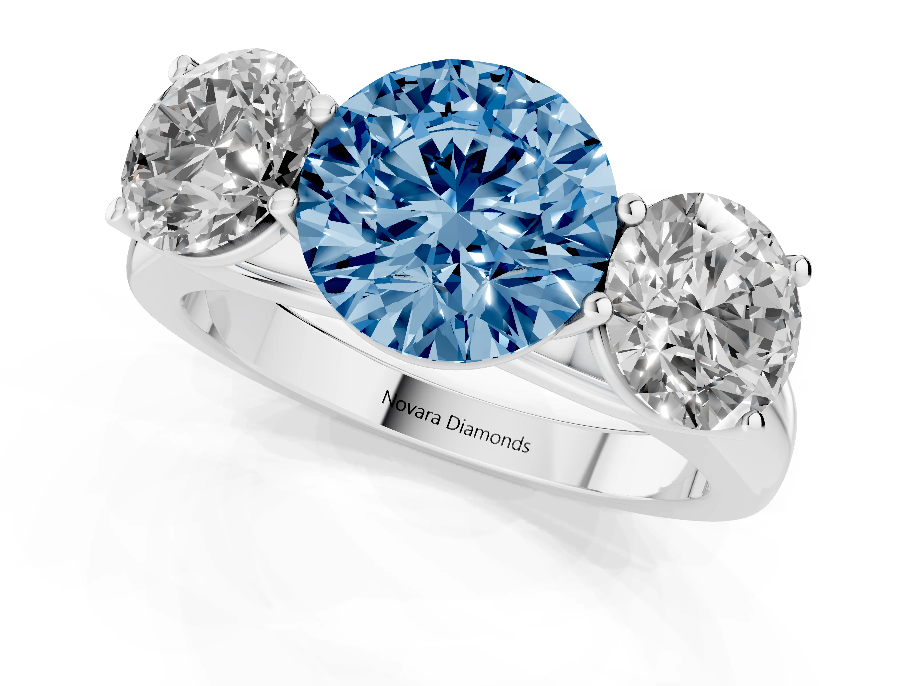 Fancy Blue Round Cut Diamond Three-Stone Ring Set in Silver with Plain Polished Band