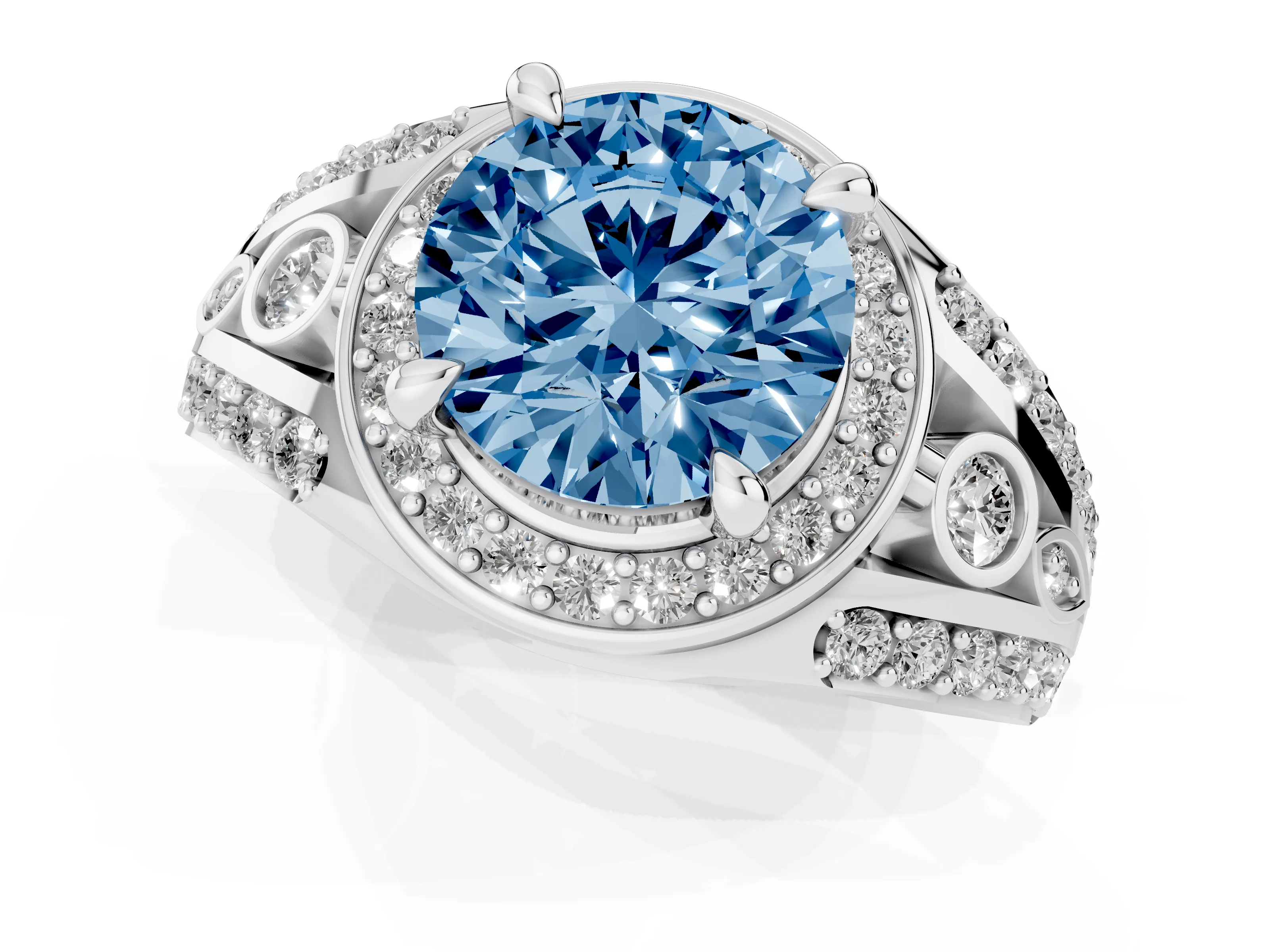 Fancy Blue Round Cut Diamond Halo Ring Set in Platinum with Pavé Split Shank and Bezel Accents