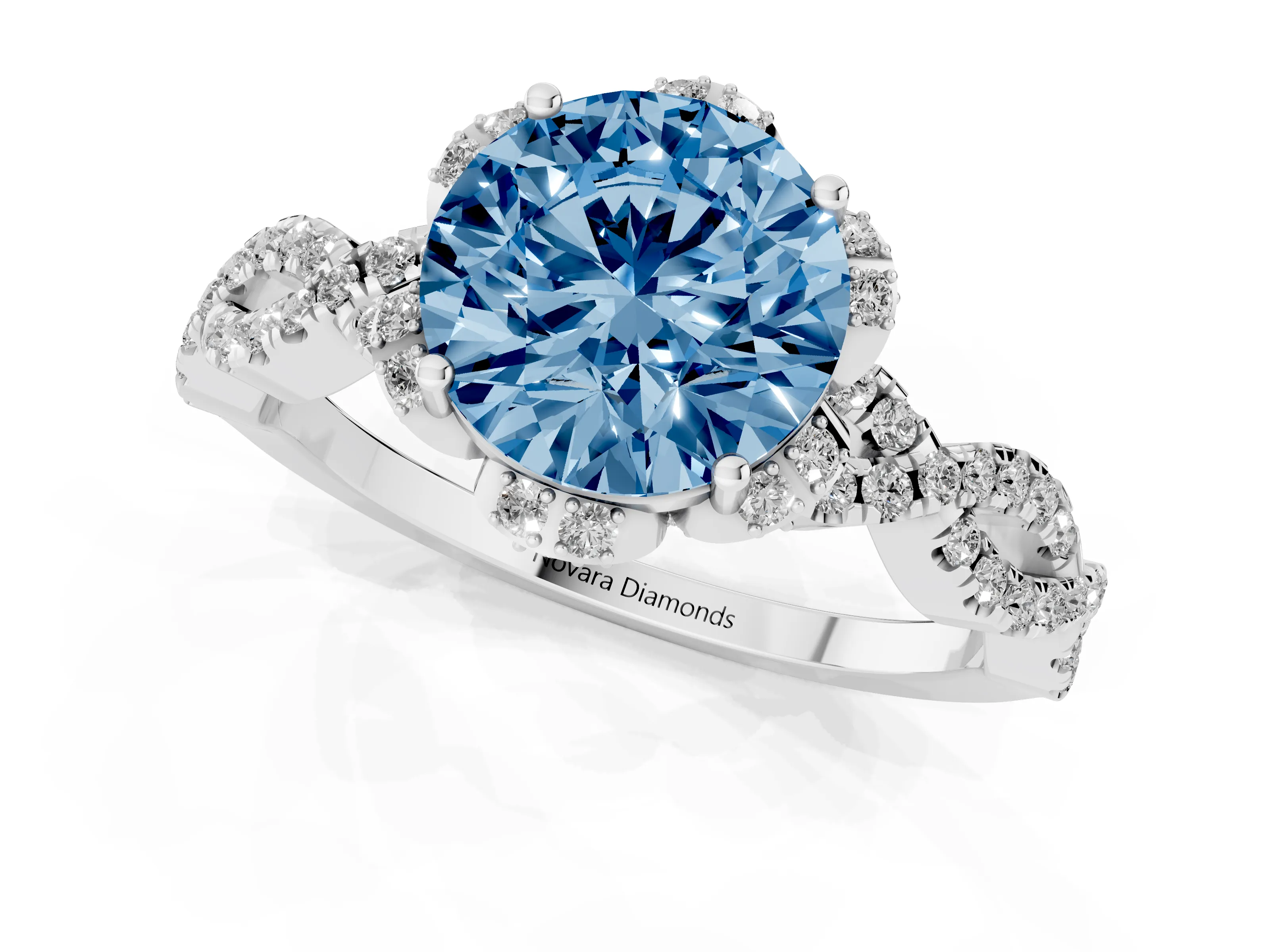 Fancy Blue Round Cut Diamond Halo Twist Band Solitaire Ring Set in Silver with Prong-Set Center Stone