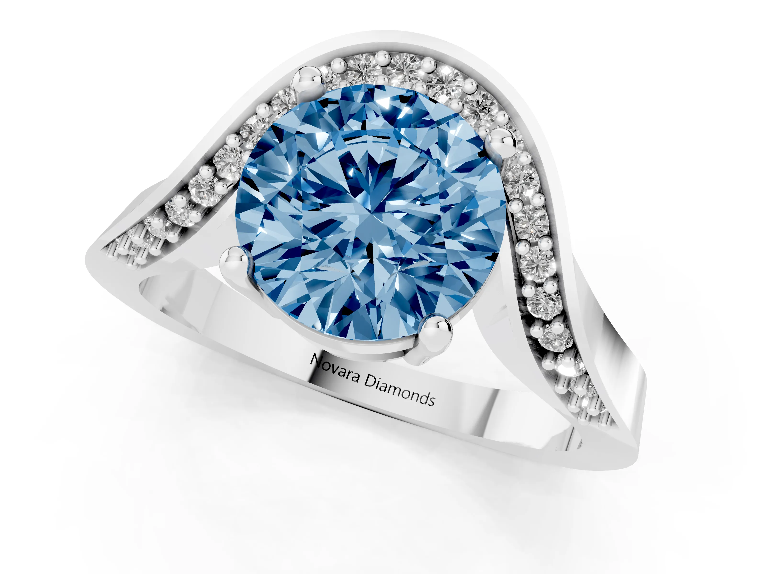 Fancy Blue Round Cut Diamond Solitaire Engagement Ring Set in Silver with Pavé Shoulders