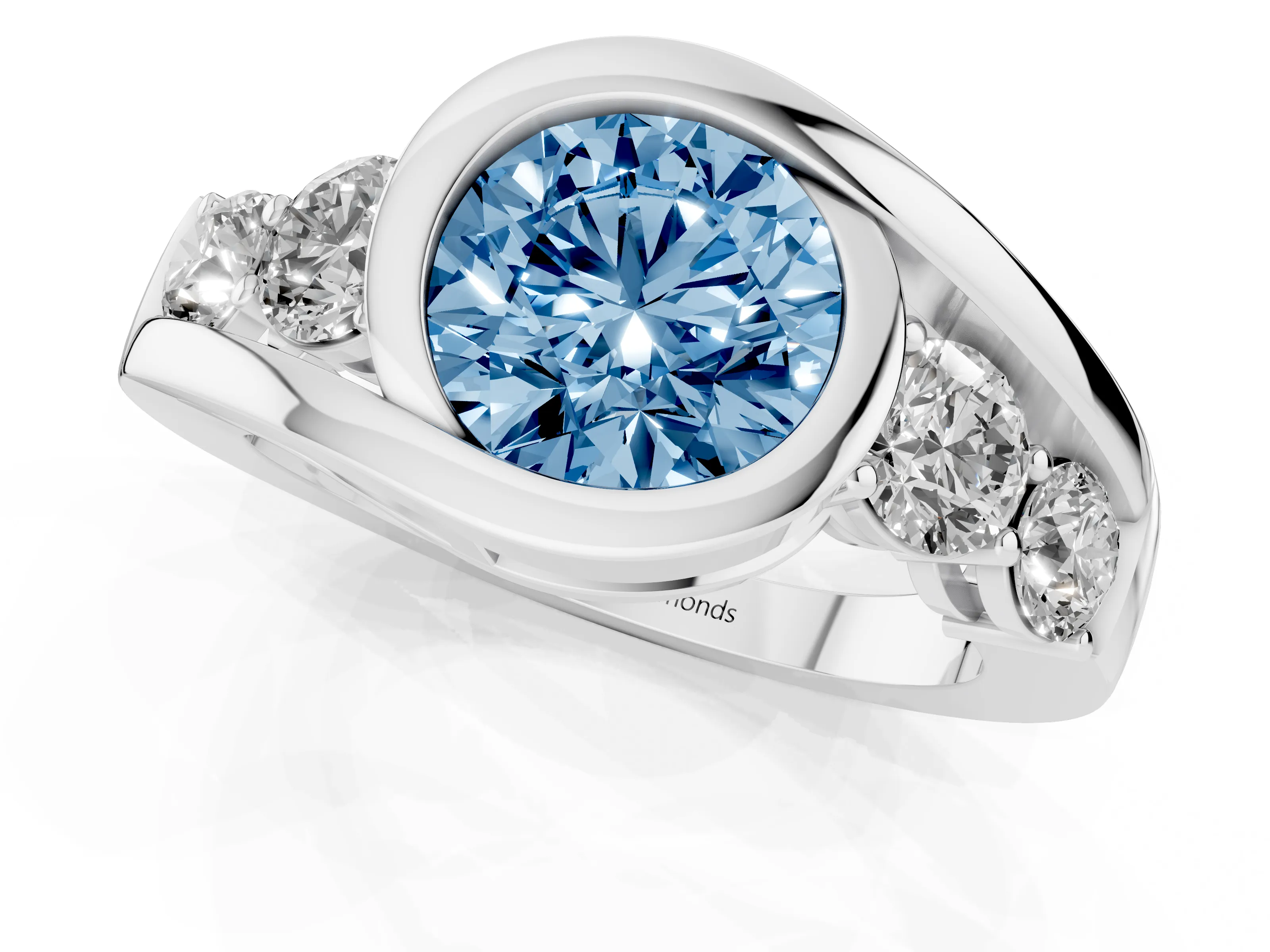 Fancy Blue Round Cut Diamond Bezel Bypass Ring Set in Platinum with Round Accents